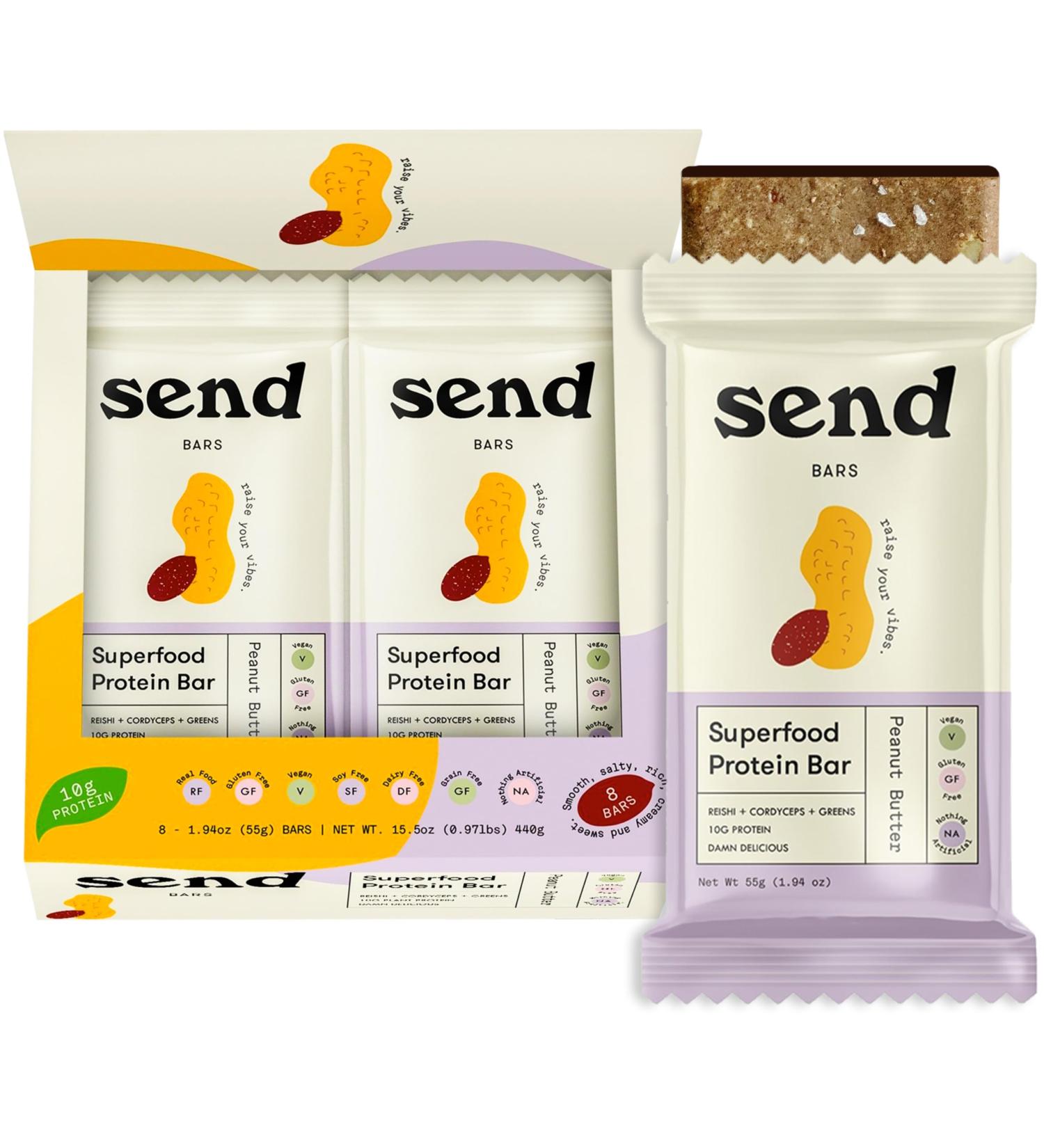 Buy Send Bars Plant Protein Bars with Greens - Peanut Butter Flavor (8 Bars) | Boost Focus Stress Tolerance & Energy | Organic Ingredients - Buy Online on GoSupps.com