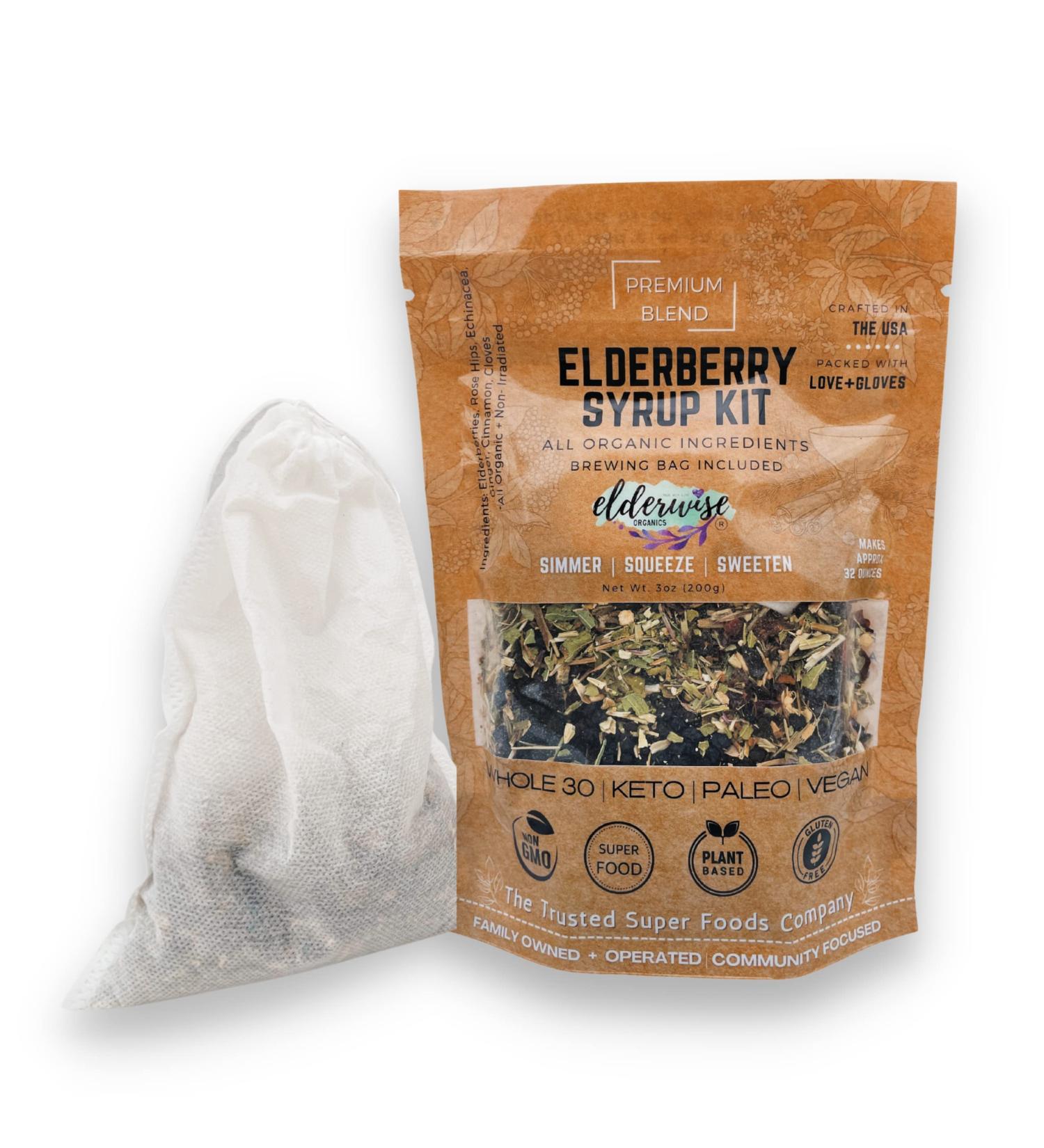 Elderwise Organic Elderberry Syrup Kit | DIY Making Kit with Elderberries, Rosehips, Ginger, Echinacea, Cinnamon, and Cloves | Makes 32oz Syrup - Brewing Bag Included - Buy Online on GoSupps.com