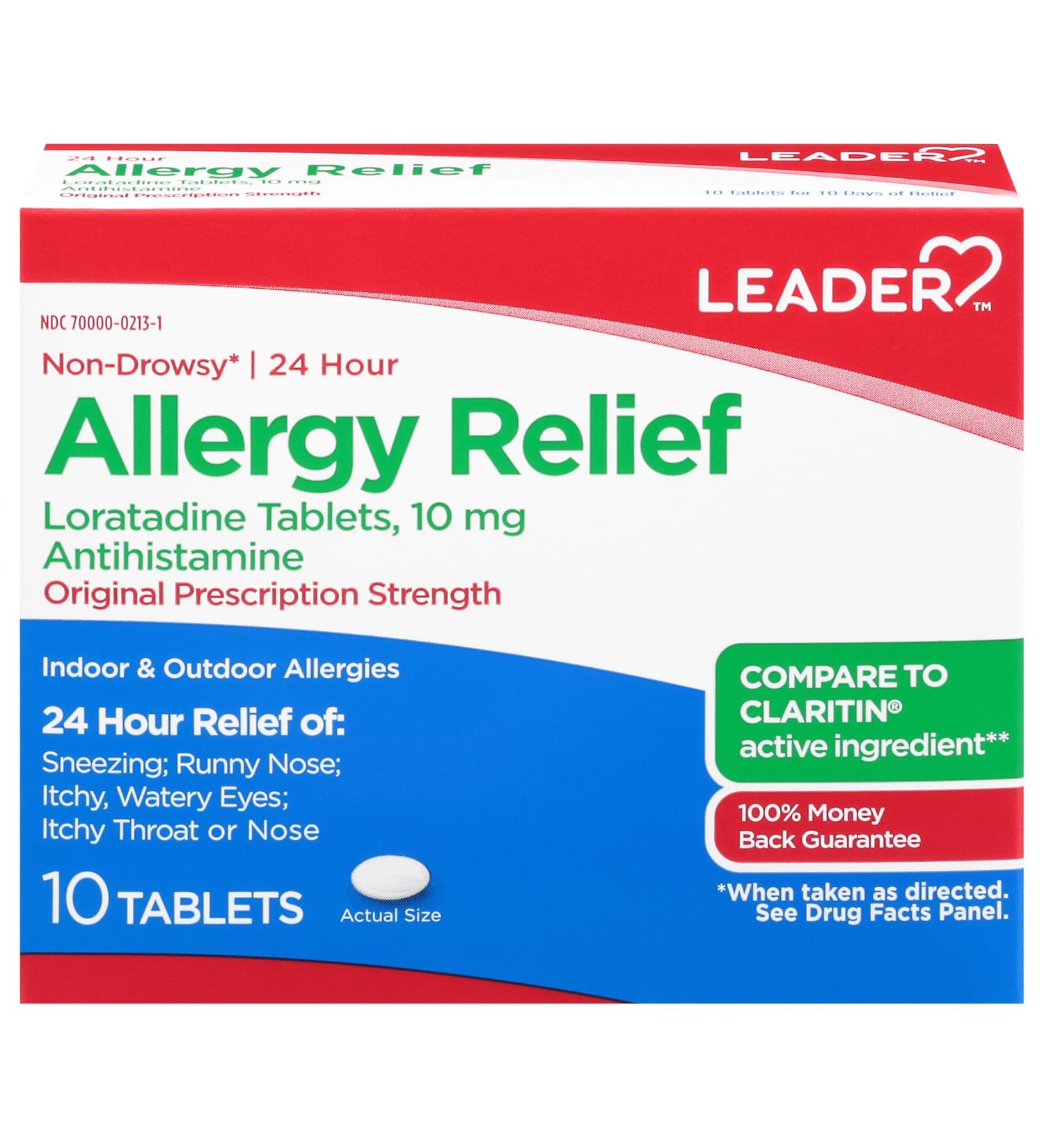 Leader 24 Hour Allergy Relief - Loratadine 10mg Tablets Non-Drowsy Antihistamine for Indoor & Outdoor Allergies - Pack of 3 (30 Tablets - Buy Online on GoSupps.com