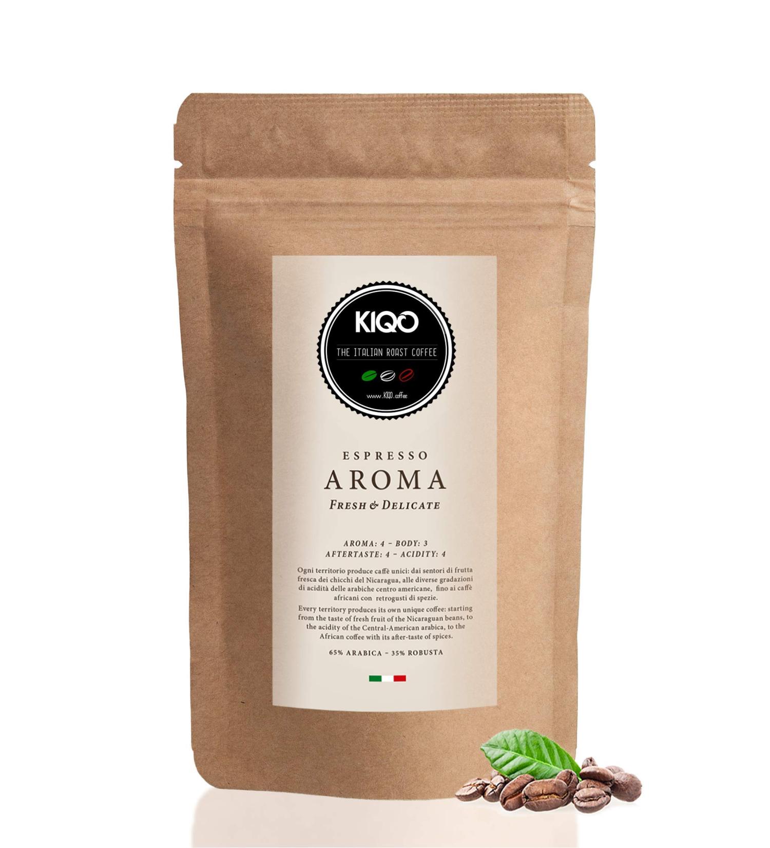 KIQO Aroma 250g Espresso excellent premium roasted coffee from Italy | delicately roasted in small batches | low acidity | 85% Arabica and 15% Robusta (coffee beans 250g) - Buy Online on GoSupps.com