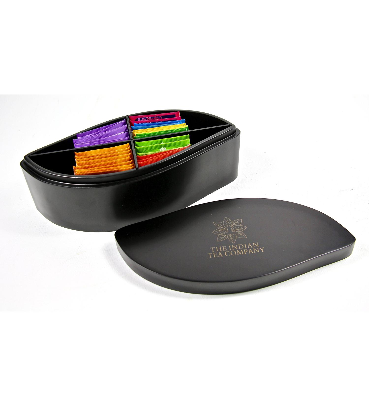 Twinings Indianteacompany ITC Leaf-Shaped Tea Box with 4 Compartments Wood Finish Black Holds 32 Twinings Teas