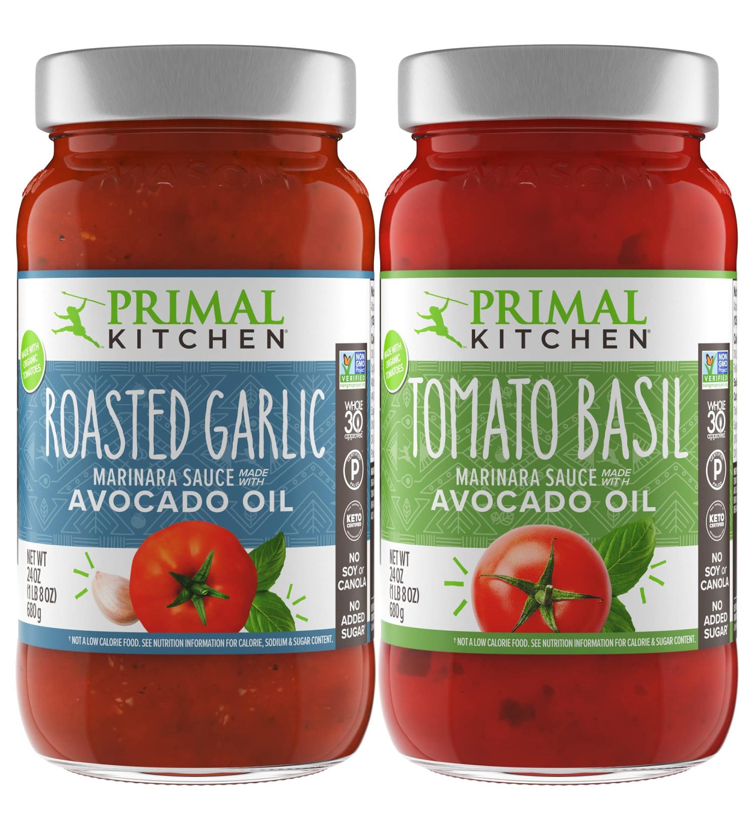 Primal Kitchen Marinara Tomato Sauce Two-Pack - Whole30, Paleo, and Keto Certified - 1 Tomato Basil & 1 Roasted Garlic Marinara - 1.5lb (Pack of 2) - Buy Online on GoSupps.com