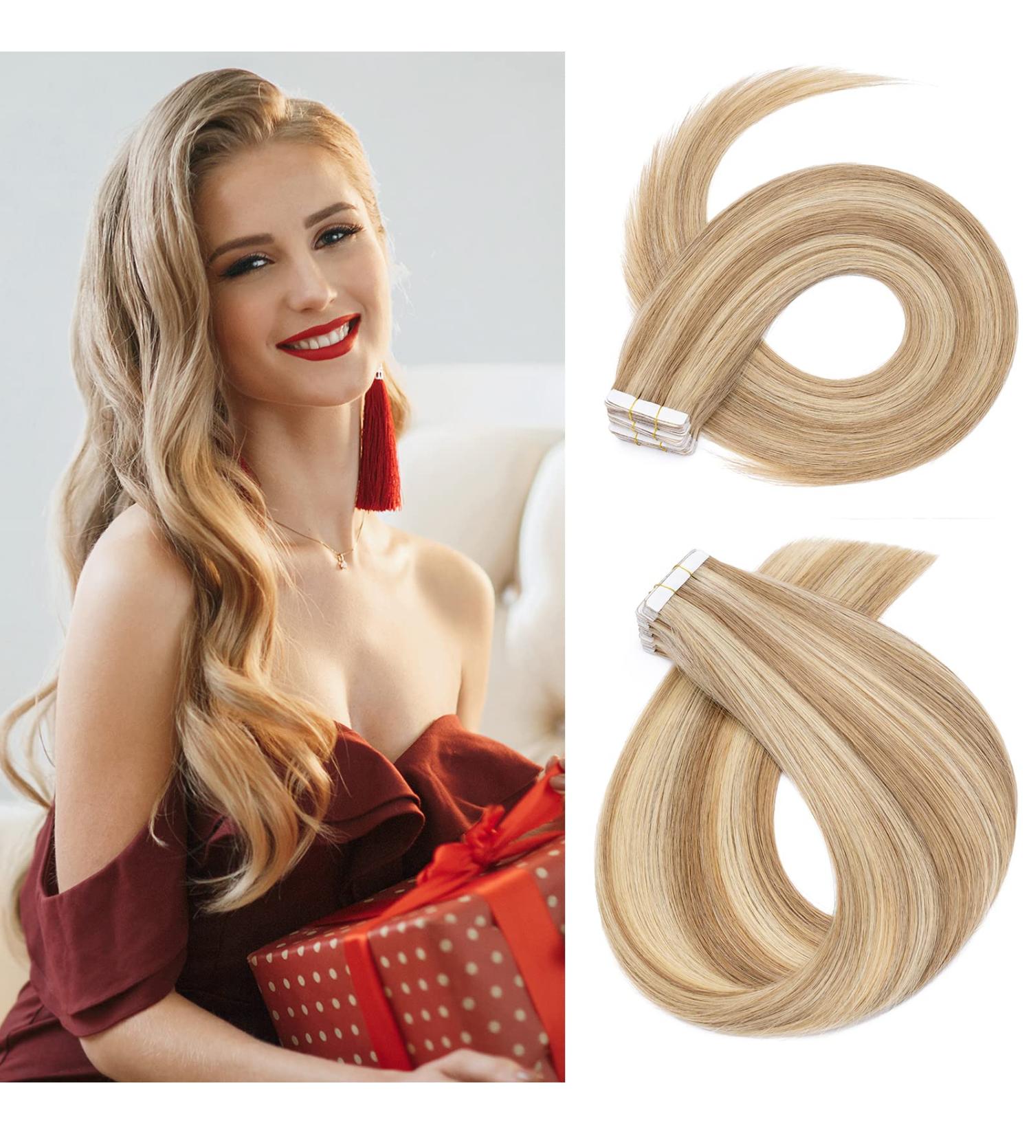 Tape Hair Extensions 20 pieces Human Balayage Real Remy Human Hair (18 inches 50g) #12P613 Golden Brown&Bleach Blonde Skin Weft - Buy Online on GoSupps.com