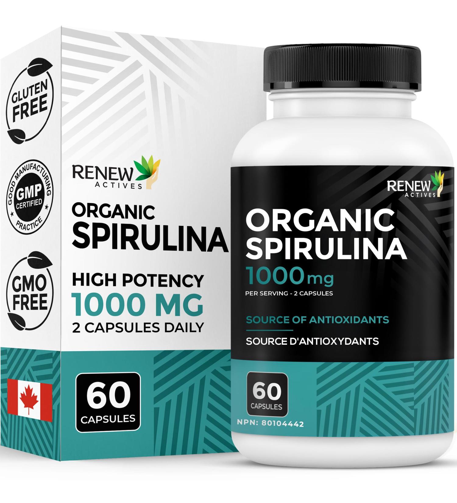 Renew Actives Organic Spirulina 1000MG per 2 Capsules Superfood for Men & Women Supports Energy, Wellness & Immune Function Rich in Antioxidants & Nutrients Made in Canada 60 Capsules - Buy Online on GoSupps.com