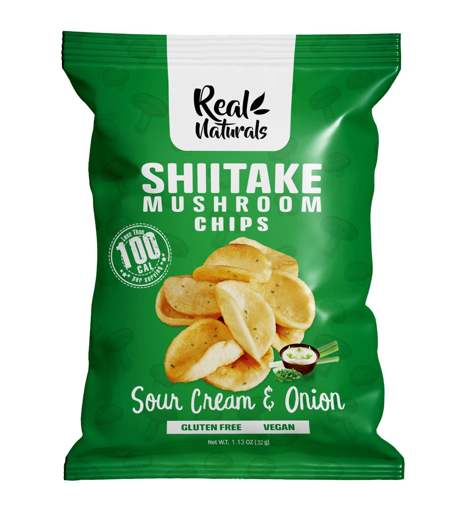 Real Naturals Shiitake Mushroom Chips Sour Cream and Onion Non GMO Low Calorie Vegan 12 Count of 32g - Buy Online on GoSupps.com