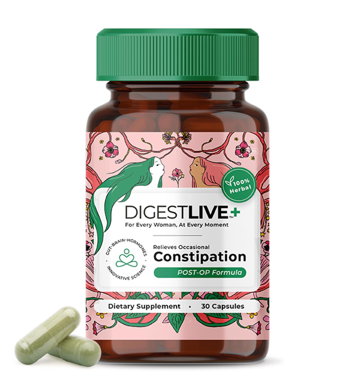 DigestLive Post-Op Constipation Relief Laxative for Women Post Surgery 30 Capsules 100% Herbal Stool Softener Female Gentle Colon Cleanse Detox Bloating & Gas Fast-Acting Vegan Gluten & GMO-Free - Buy Online on GoSupps.com