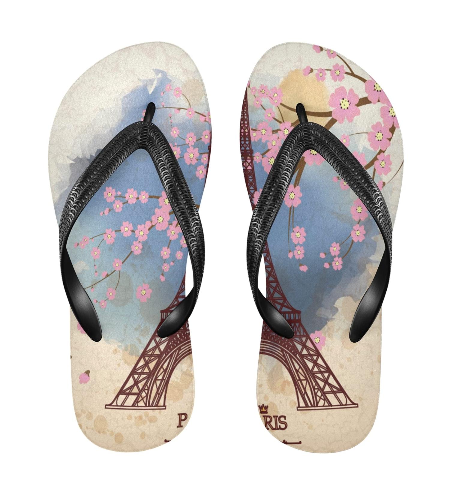 Mnsruu Eiffel Tower Cherry Blossom Flip Flops | Multicolored Sandals for Men & Women | Travel Spa & Home Slippers - Buy Online on GoSupps.com