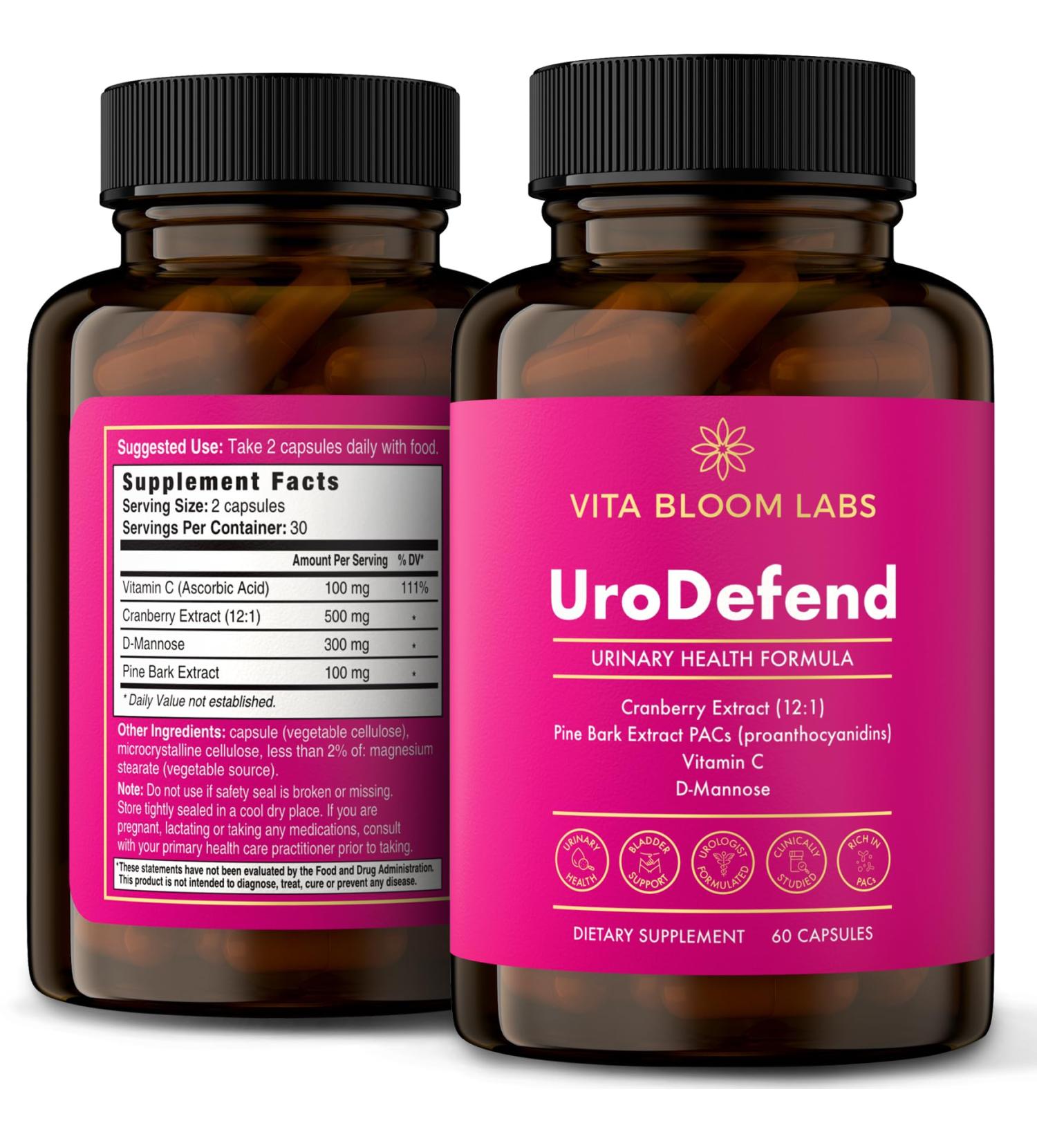 Vita Bloom Labs UroDefend UTI Protection Formula | Cranberry PACs | Physician Formulated | Additive Free + Gluten Free | Cranberry Extract, Pine Bark Extract, D Mannose, Vitamin C | 60 Capsules - Buy Online on GoSupps.com