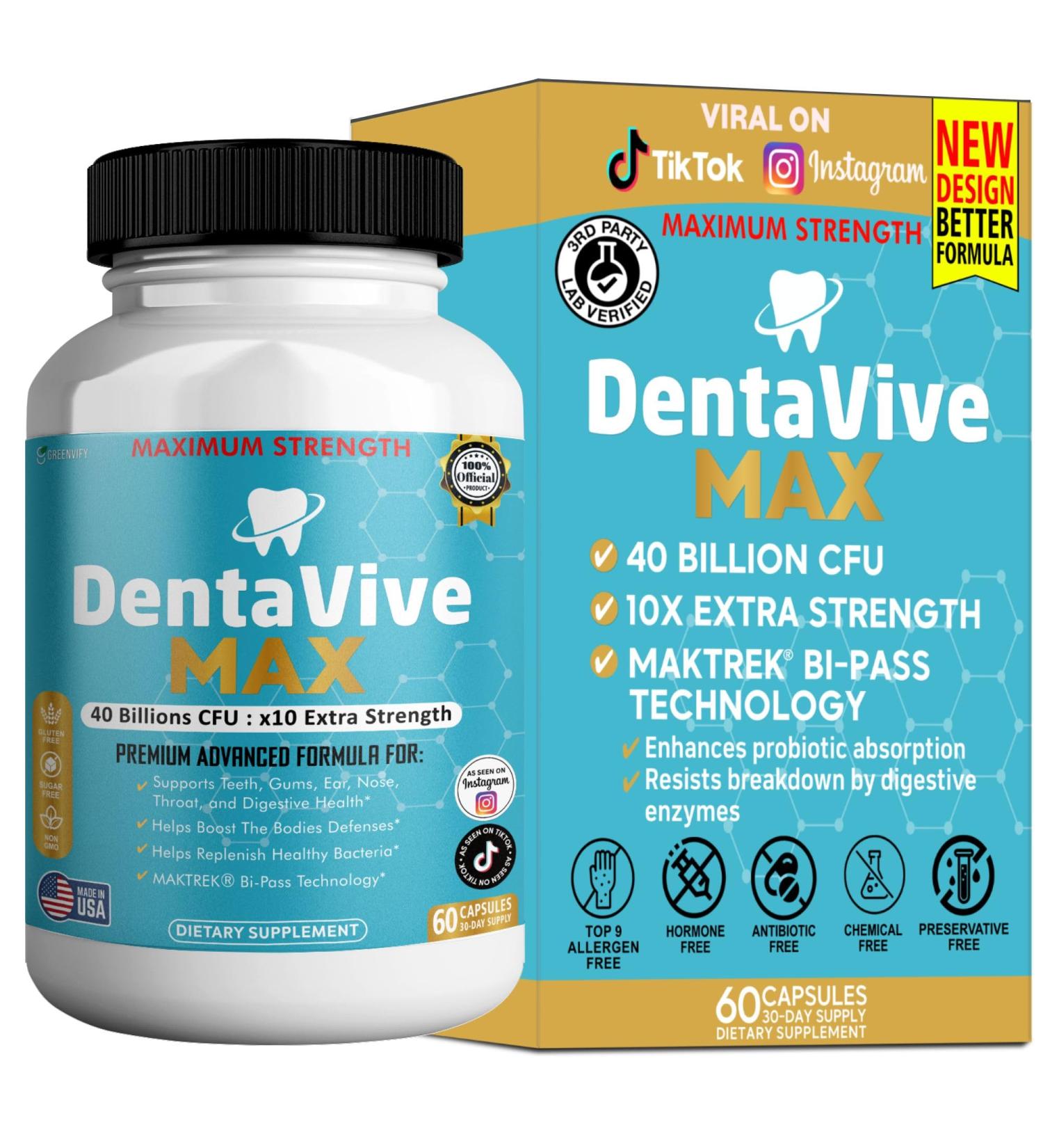 GREENVIFY DentaVive Max Probiotic Supplement 40 Billion CFU 60 Capsules Premium Oral Health Support for Teeth Gums Digestive Health (1) - Buy Online on GoSupps.com