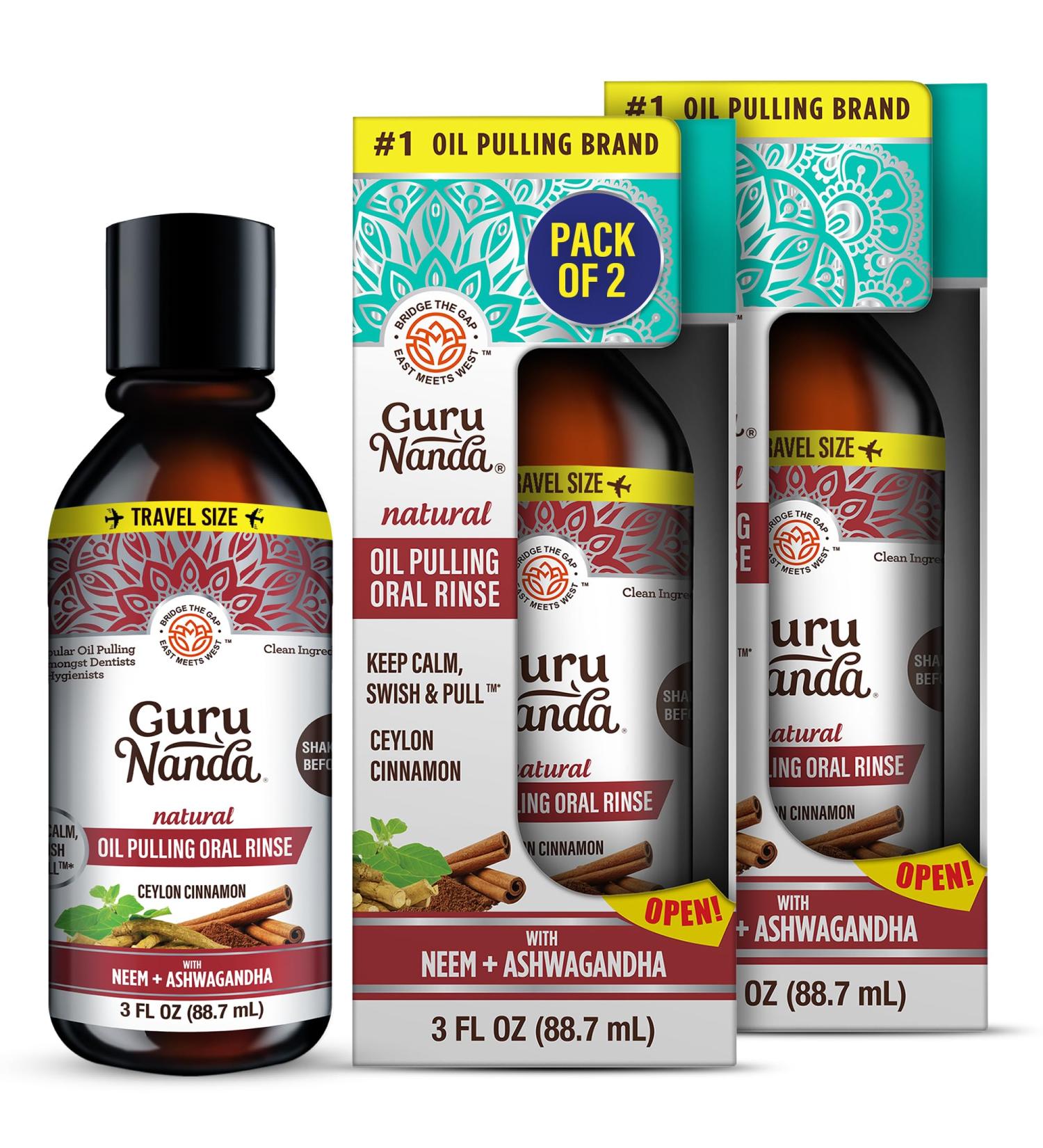 GuruNanda Cinnamon Oil Pulling Travel Sized Mouthwash Promotes Calmness with Neem & Ashwagandha for Fresh Breath & Happy Gums Alcohol-Free TSA-Friendly 3 Oz (Pack of 2) - Buy Online on GoSupps.com