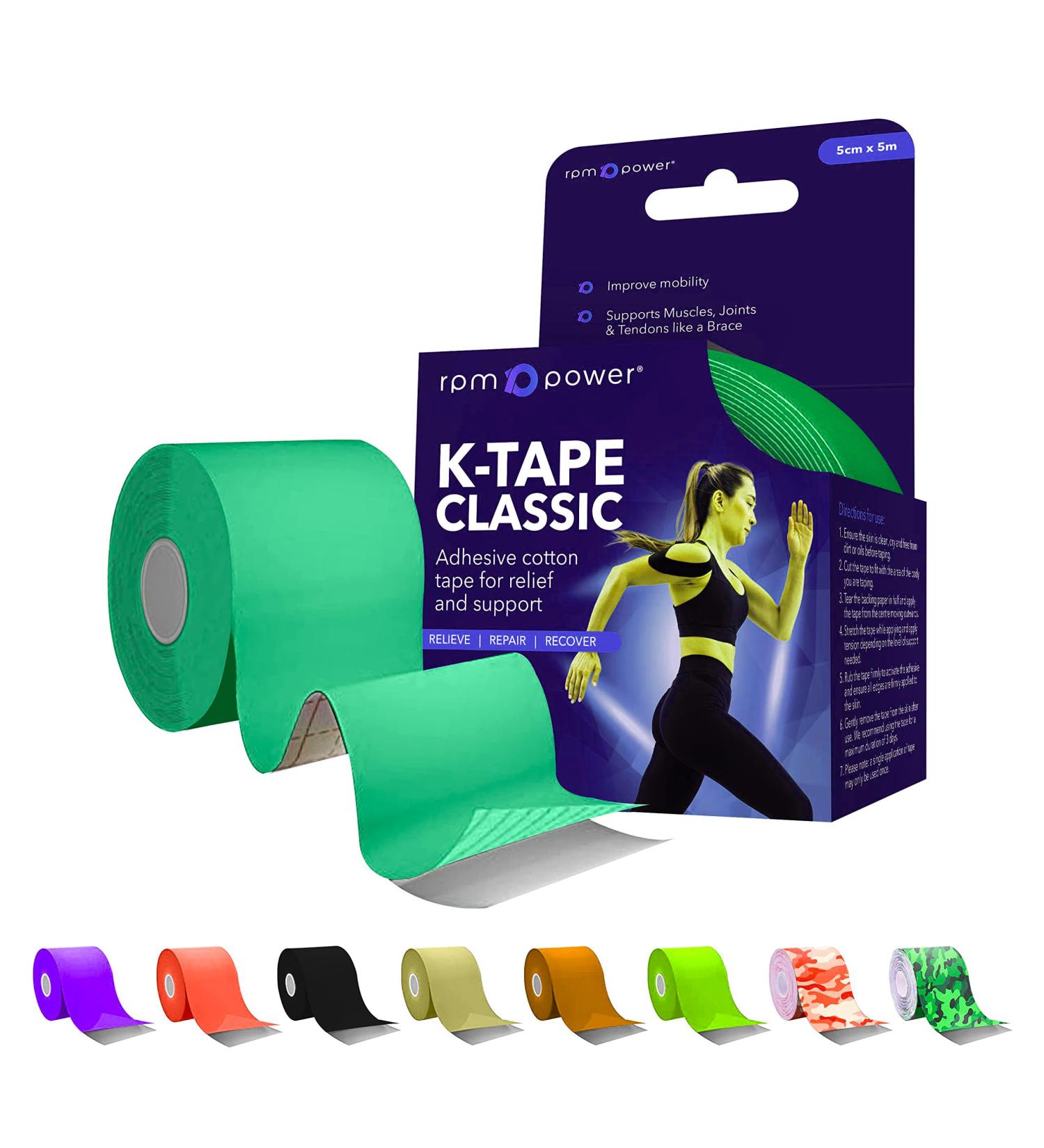 RPM Power Kinesiology Tape (5 Metres) - Latex-Free Water Resistant Sports Tape for Muscles & Joints, Green - Ideal for Sports Recovery & Muscle Aches - Buy Online on GoSupps.com