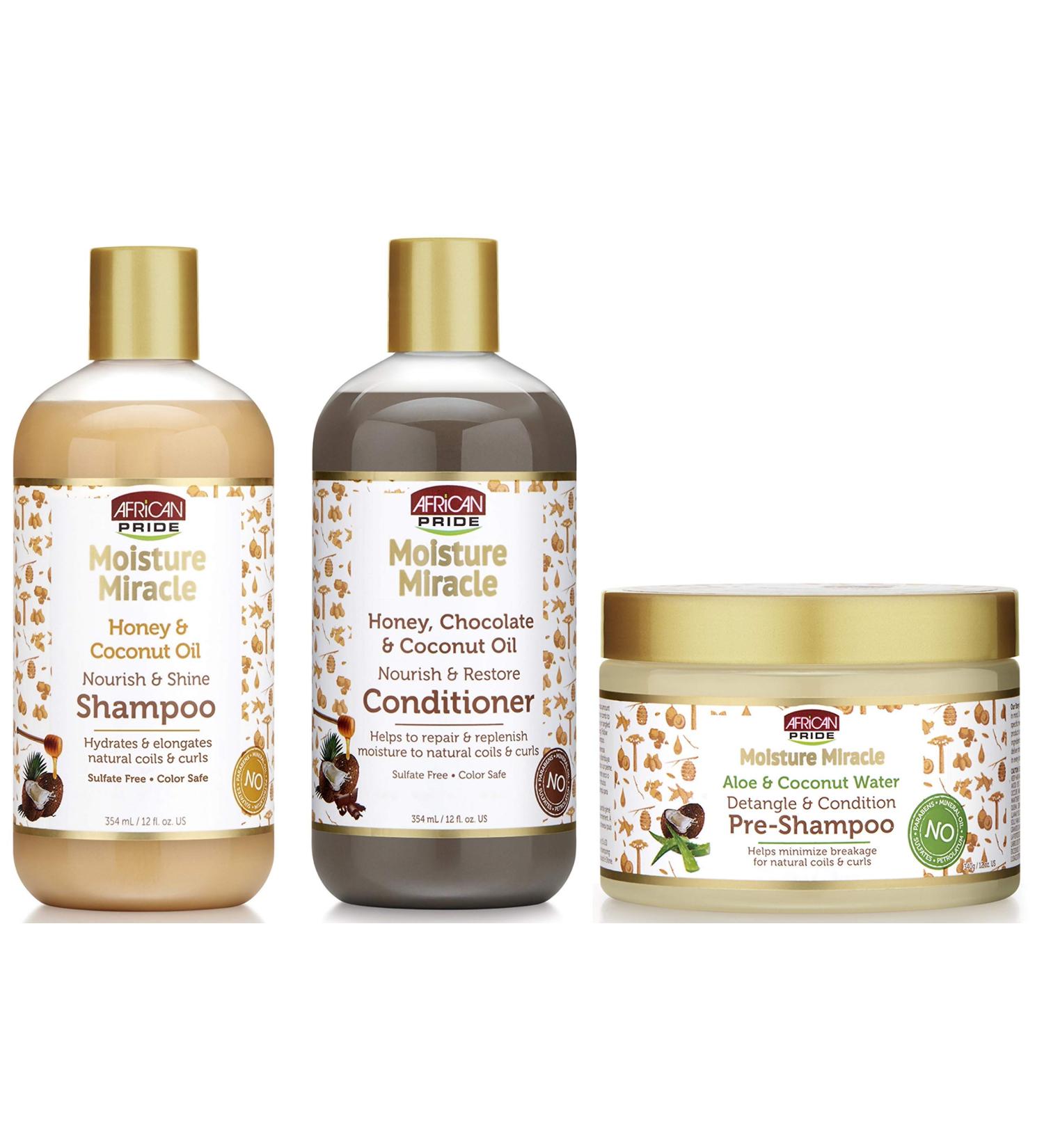  Senhorita African Pride Moisture Miracle Detangling & Conditioner Pre-Shampoo Shampoo & Conditioner of 3 Coconut Oil Honey Honey Chocolate Coconut Oil Aloe & Coconut Water - Buy Online on GoSupps.com
