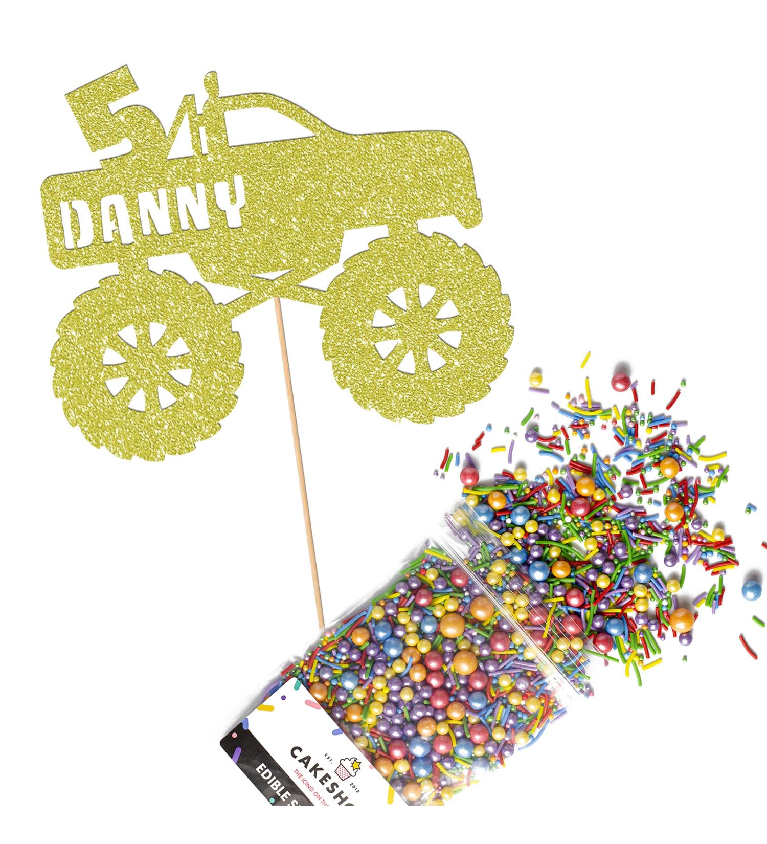 Cakeshop Cake Decoration Pack | Monster Truck Theme Premium Double Sided Glitter Card Cake Topper & 25g Party Pack of Cake Sugar Sprinkles | Custom Name & Age Cake Decorations (Champagne) Prime Glitter Card: Champagne - Buy Online on GoSupps.com