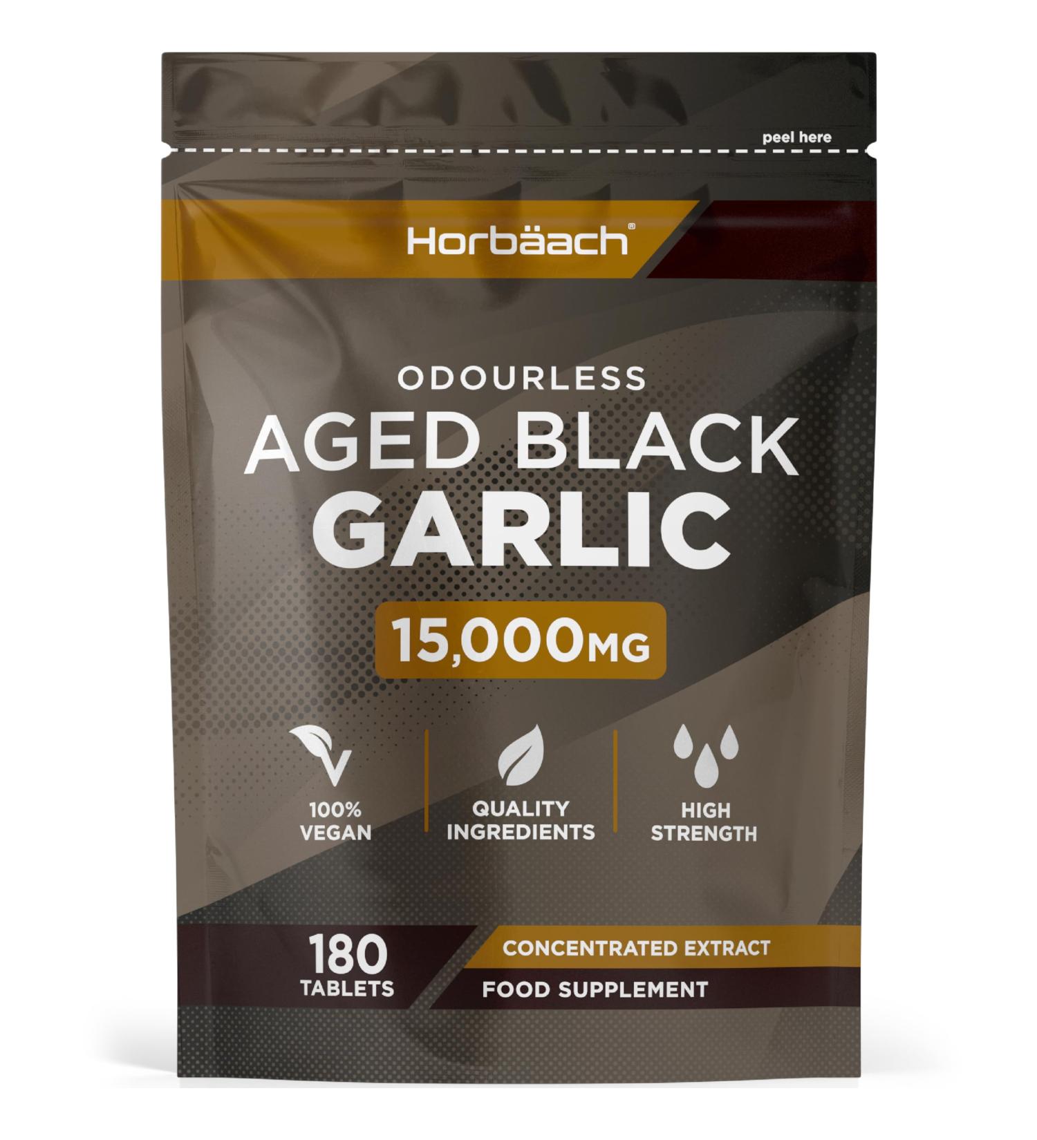 Black Garlic Tablets 15000mg | 180 Count | High Strength Odourless Concentrated Garlic Extract | Aged Black Garlic Vegan Supplement | by Horbaach - Buy Online on GoSupps.com