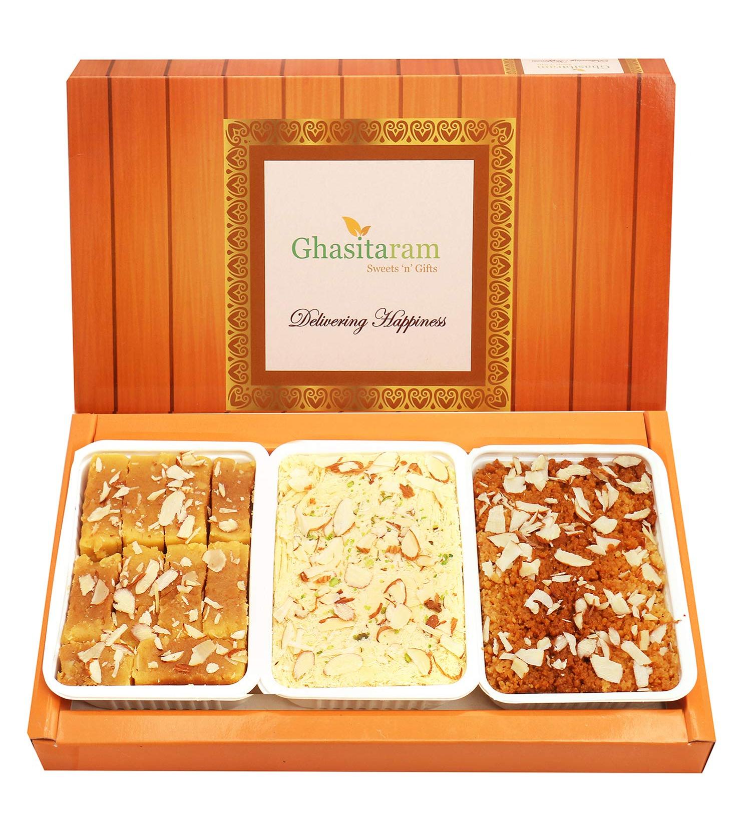 Ghasitaram Gifts Indian Sweets - Diwali Gifts Diwali Sweet - Soan Papdi Milk Cake and Soft Mysore Pak - Buy Online on GoSupps.com