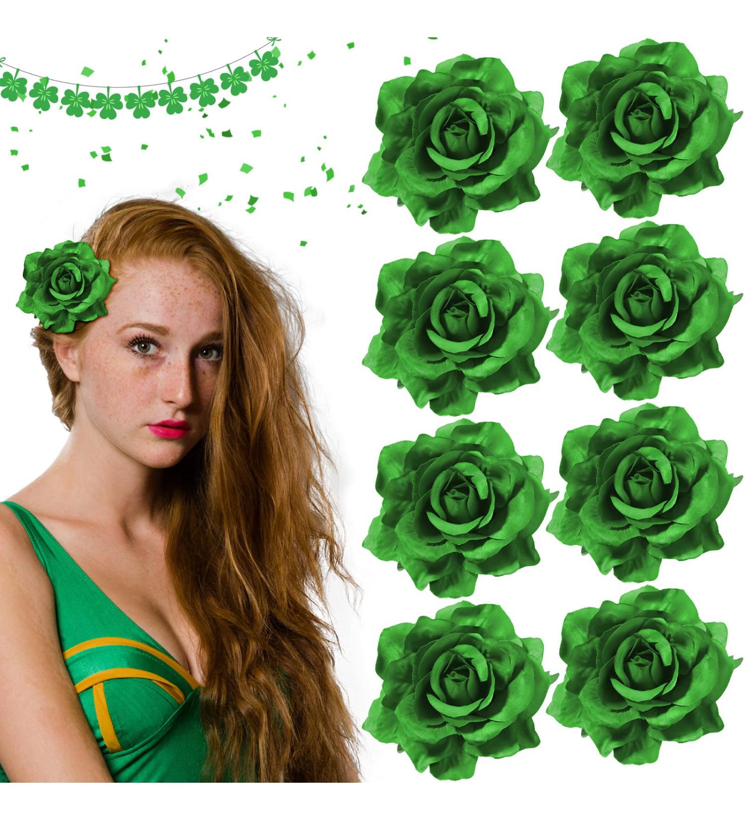 St. Patrick's Day Hair Decoration - 8 Green Rose Hair Clips & Brooch Set for Women - Irish Floral Accessories for Party Celebrations - Buy Online on GoSupps.com
