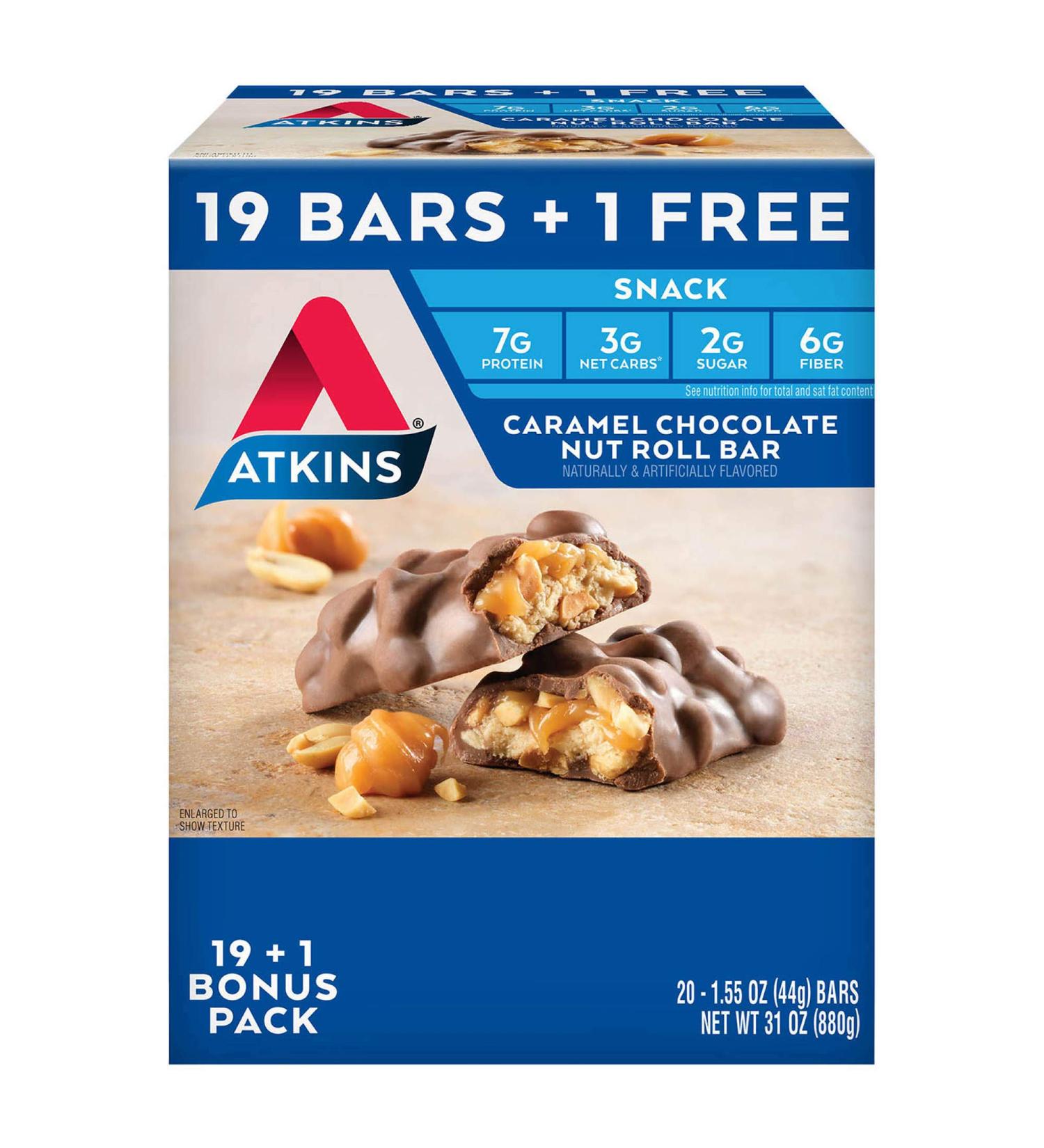 Atkins Snack bar, Caramel Chocolate Nut Roll, Keto Friendly (20 ct.), 31 Ounce Caramel Chocolate Nut 31 Ounce (Pack of 1)