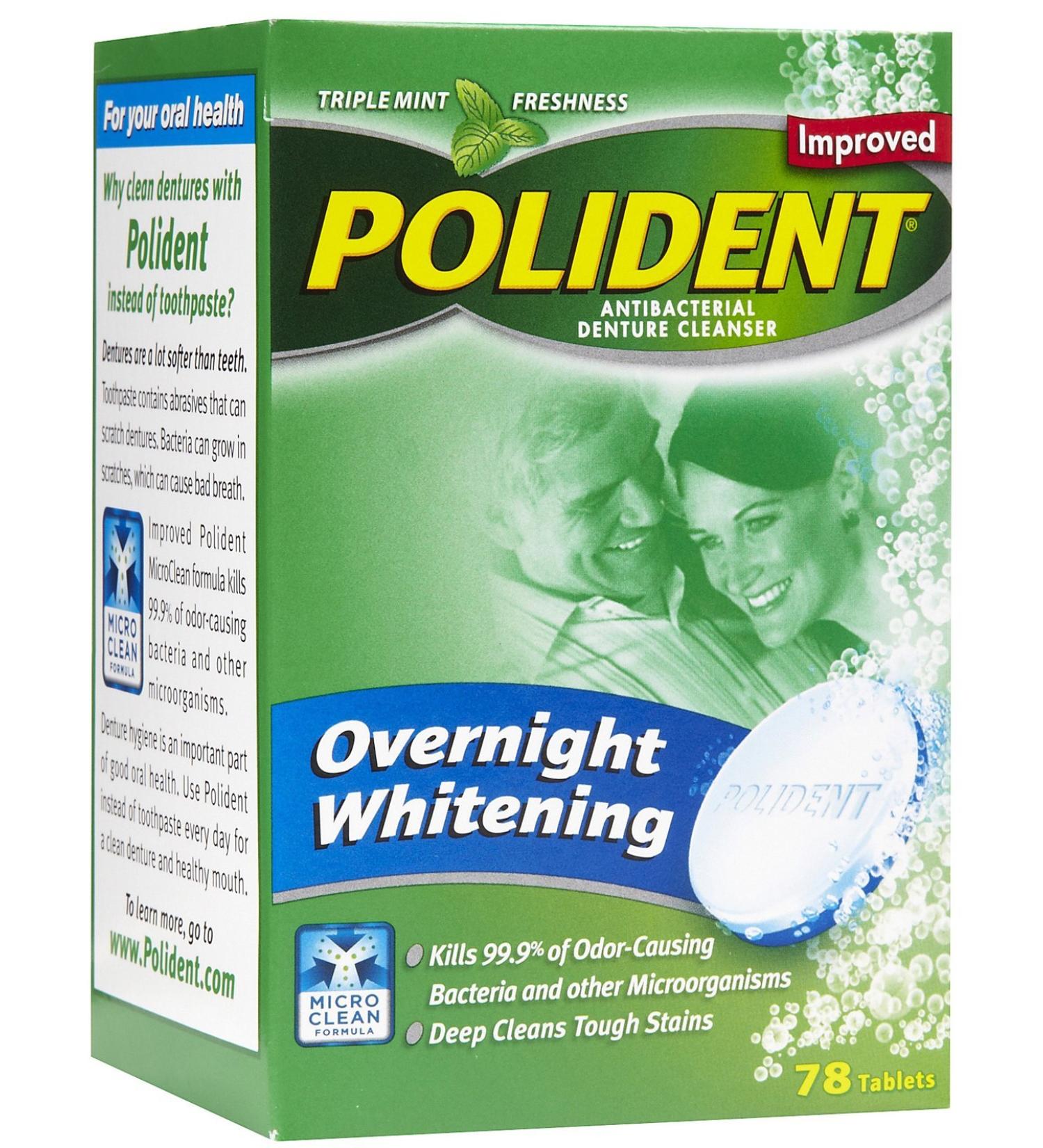 Polident Overnight Whitening Antibacterial Denture Cleanser Tablets 78-Count Boxes (Pack of 3)