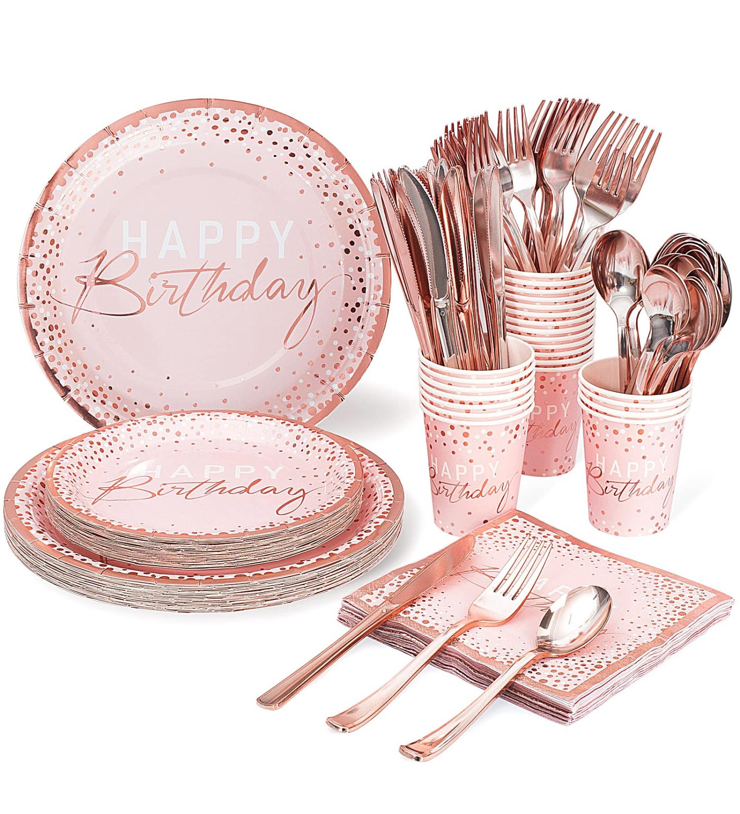 175PCS Happy Birthday Plates and Napkins Party Supplies  Paper Pink and Rose Gold Plates and Napkins with Rose Gold Plastic Forks Knives Spoons Serve 25 Guests for Girl Women Birthday Party Decoration - Buy Online on GoSupps.com