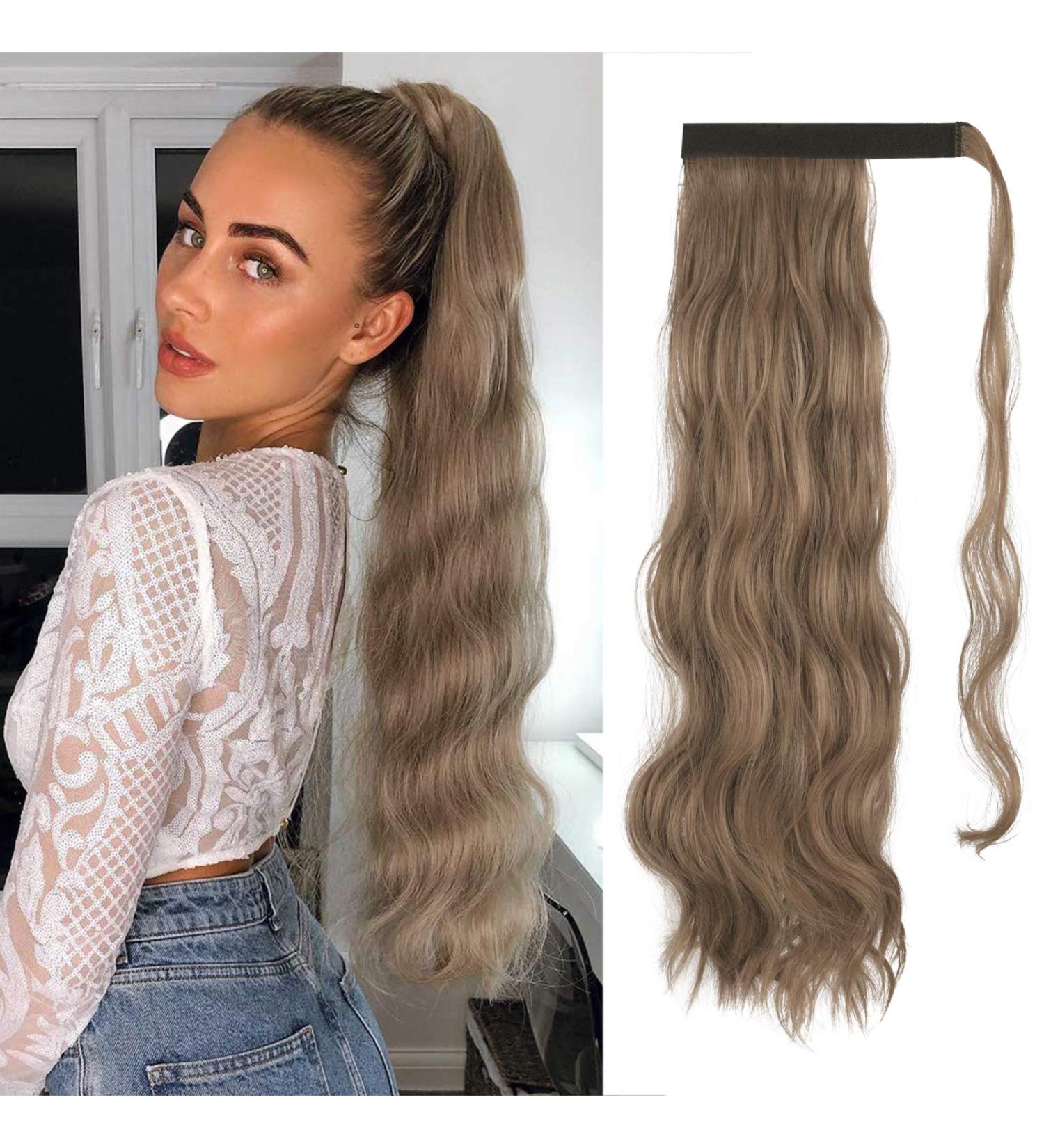 FESHFEN 60cm Long Wavy Ponytail Extension | Light Golden Brown & Pale Golden Blonde Mix | Clip-in Synthetic Hairpiece for Women - Buy Online on GoSupps.com