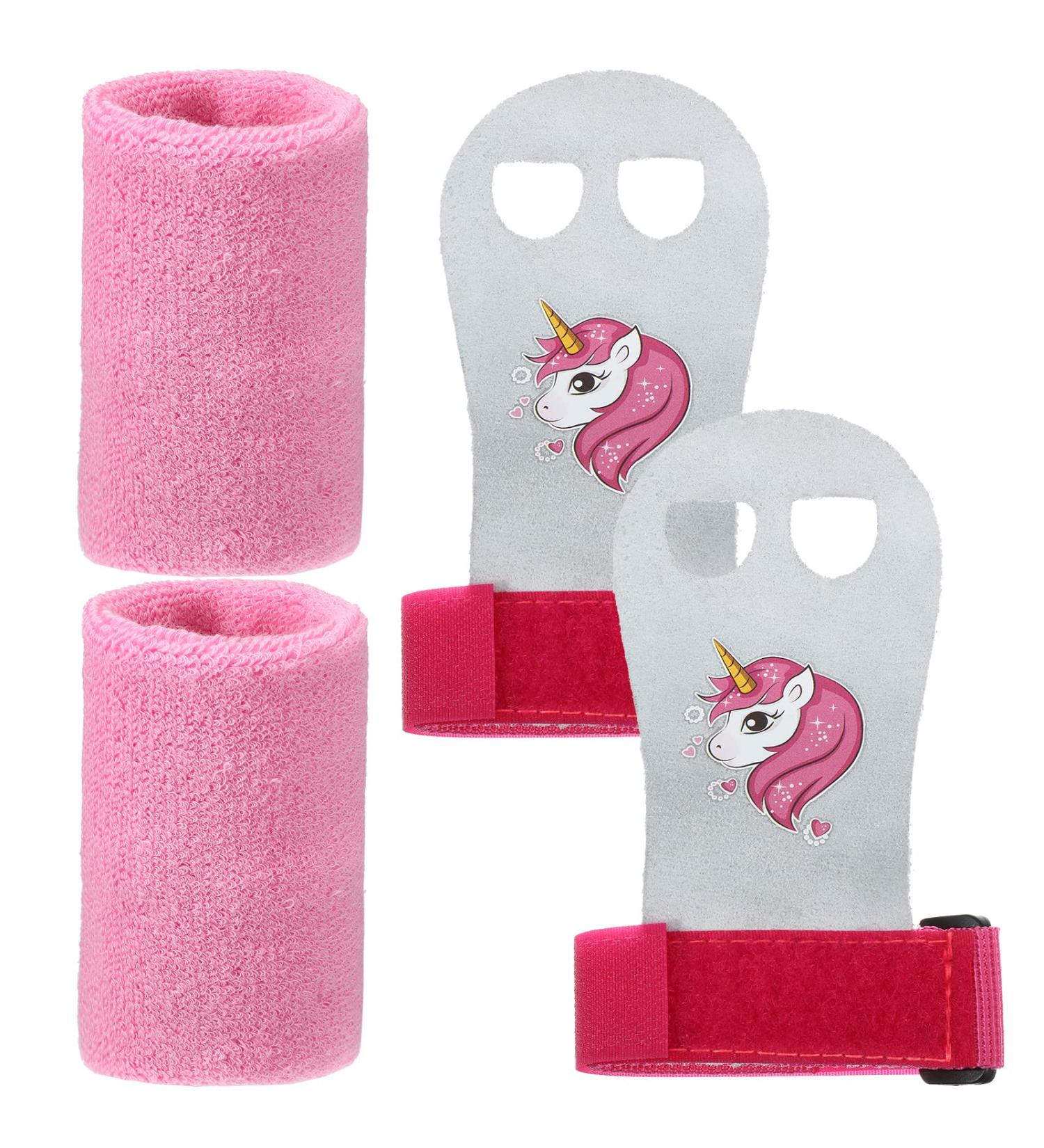 Skylety Unicorn Kids Gymnastics Grips with Pink Sweatbands - Girls Youth Hand Grips for Gymnastic Bars - Buy Online on GoSupps.com