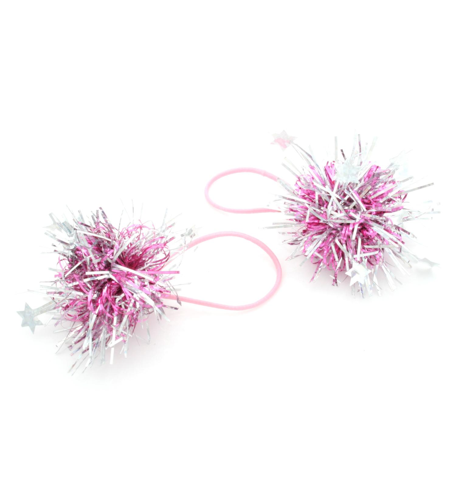 Zest 2 Tinsel with Silver Stars Pony Tail Hair Bands Pink & Silver