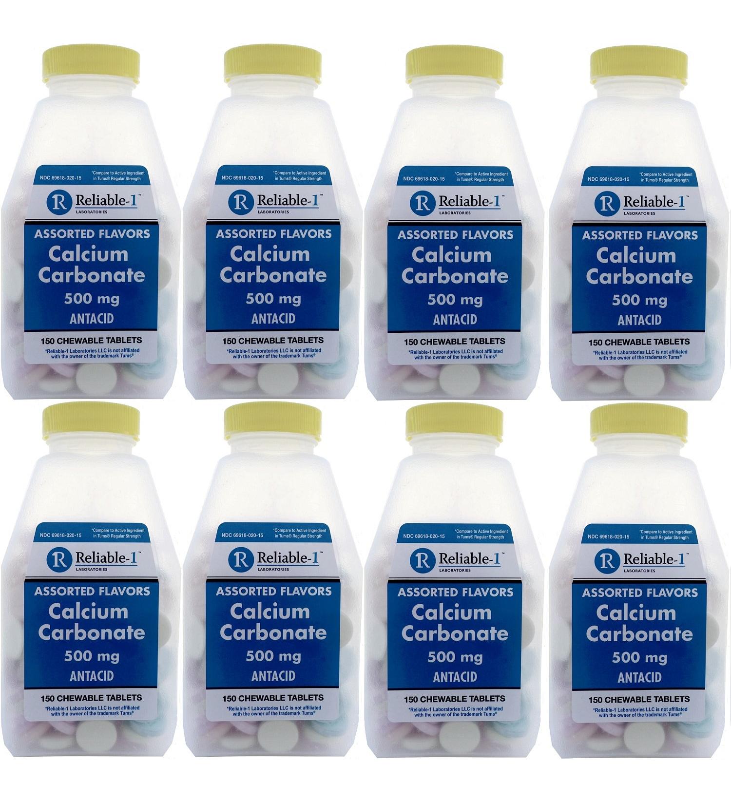 Calcium 500 mg Generic for Tums Assorted Fruit Flavored Chewable Tablets Regular Strength Antacid for Acid Indigestion Heartburn Sour Stomach 150 Chewable Tablets per Bottle Pack of 8 - Buy Online on GoSupps.com