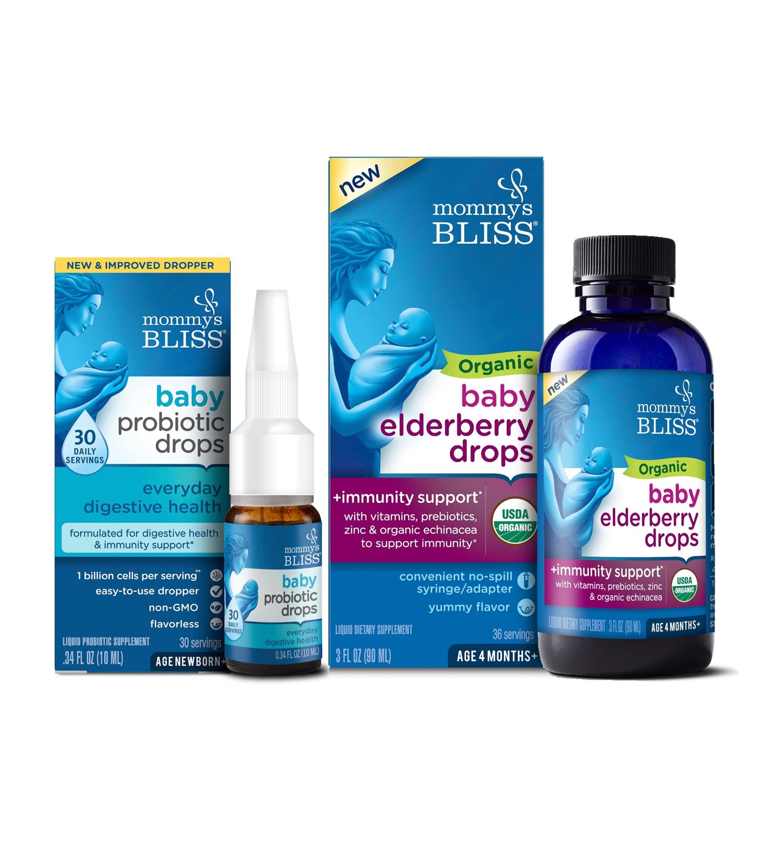 Mommy's Bliss Baby Probiotic Drops Everyday 30 Servings (Pack of 1) with Organic Baby Elderberry Drops 36 Servings (Pack of 1), Support Baby's Immunity Baby Probiotic Drops + Baby Elderberry Drops