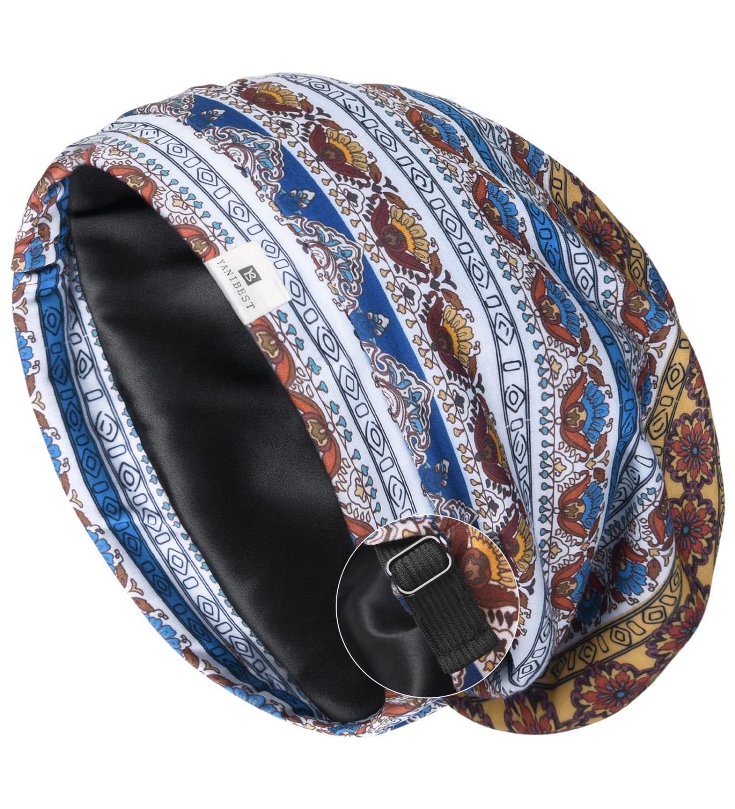 YANIBEST Silk Satin Bonnet Hair Cover Sleep Cap - Large Blue Floral | Adjustable Stay-on Silk Lined Slouchy Beanie Hat for Night Sleeping - Buy Online on GoSupps.com