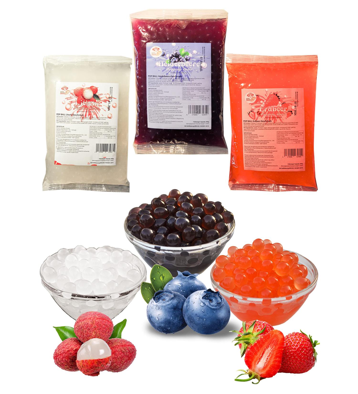 Buy Vegan & Gluten-Free Bubble Tea Popping Boba Mix - 3x600g Blueberry Lychee & Strawberry - ISO Certified DIY Fruit Beads - Buy Online on GoSupps.com