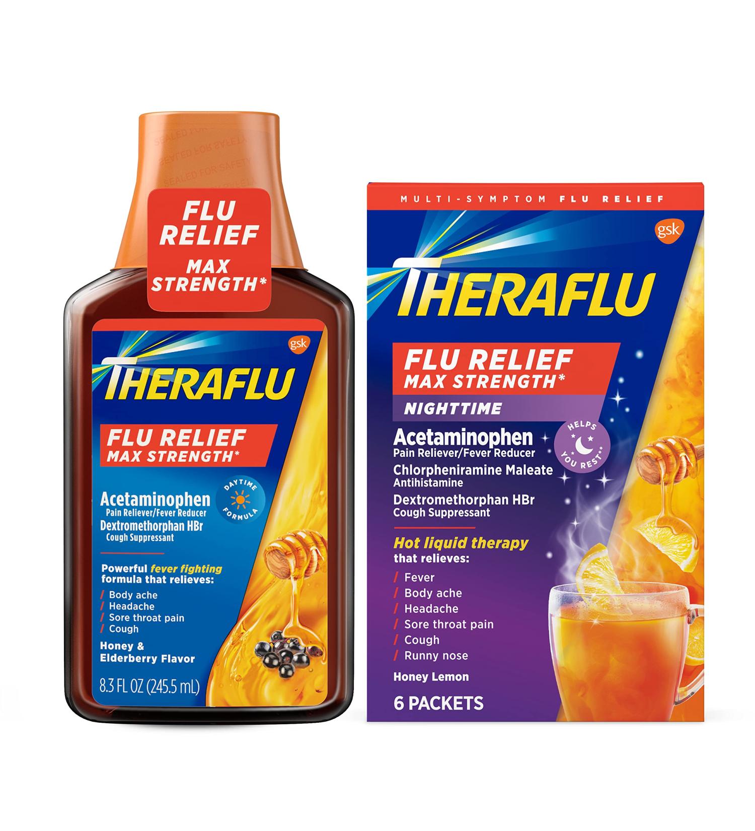 Theraflu Max Strength Daytime & Nighttime Flu Relief Syrup - Honey & Elderberry - 8.3 Fl Oz & 6 Count - Buy Online on GoSupps.com