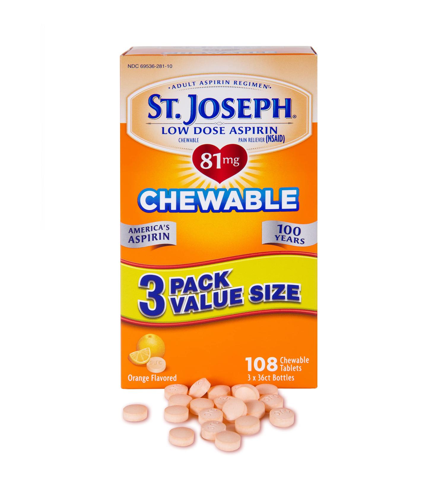 St. Joseph 81mg Chewable Orange Aspirin Tablets - Adult Low Dose Regimen - 108 ct (3 x 36 ct Bottles) - Buy Online on GoSupps.com