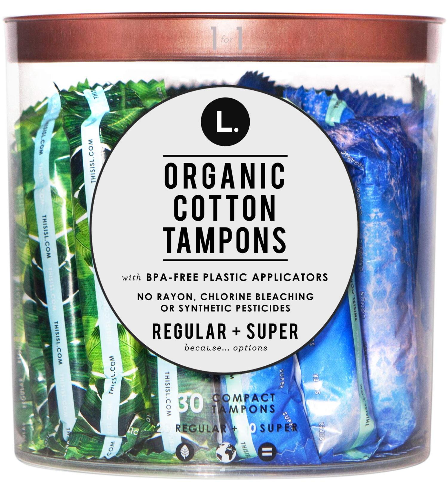 L. Organic Cotton Regular and Super Absorbency Compact Tampons Multipack 30 Count