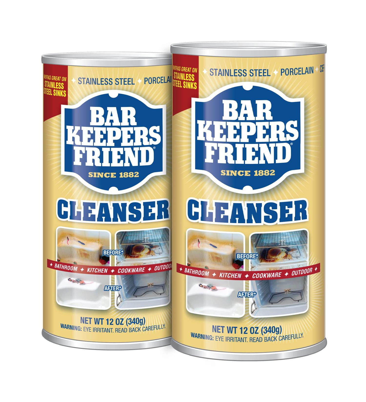 Bar Keepers Friend Powder Cleanser 12 Oz - Multipurpose Cleaner & Stain Remover - Bathroom, Kitchen & Outdoor Use - for Stainless Steel, Aluminum, Brass, Ceramic, Porcelain, Bronze and More (2 Pack)