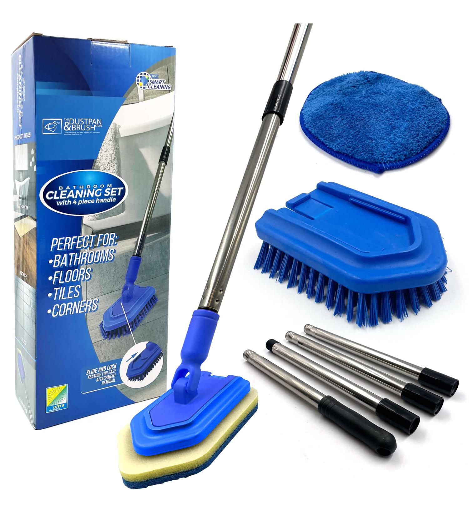 Bathroom Tile Cleaner Brush - Long Handled Scrubber with Replaceable Bristles and Microfibre Pad - Buy Online on GoSupps.com