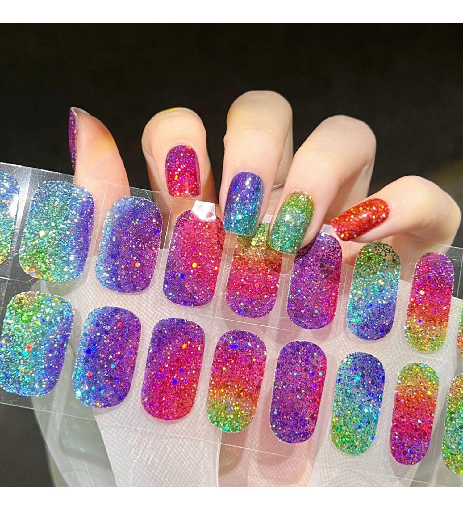 Gel Nail Wraps 20 Stickers Glitter Full-Cured Gel Nail Stickers Soft Self Upgrade Gel Nail Strips Lasting for 15 Days - Adhesive Gel Nail Stickers Nail Art No Need UV/LED Lamp (23-Colorful) - Buy Online on GoSupps.com