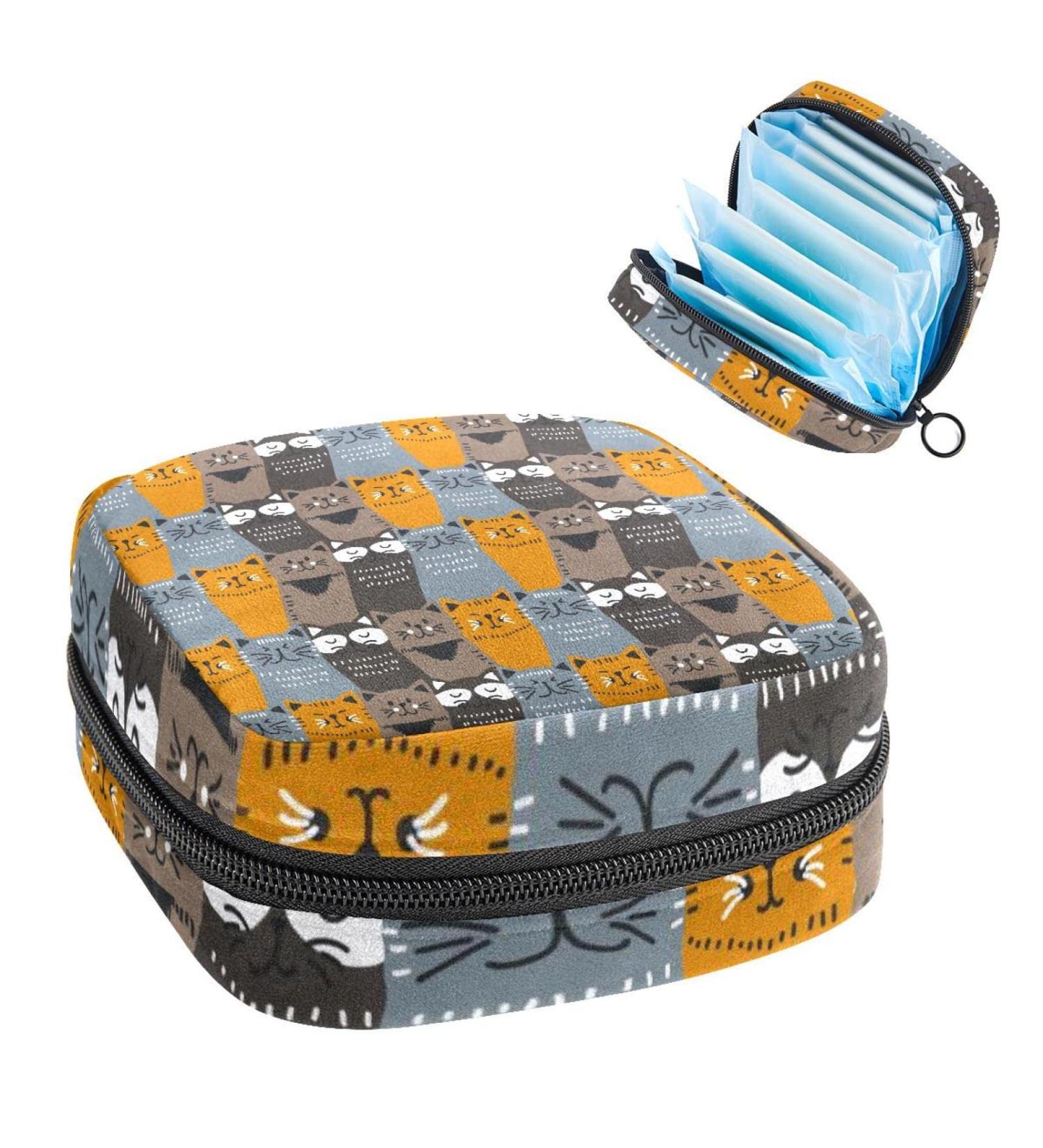 Women's Cartoon Cat Pattern Portable Period Kit Bag - Storage Pockets for Feminine Products in Brown Yellow Gray - Buy Online on GoSupps.com
