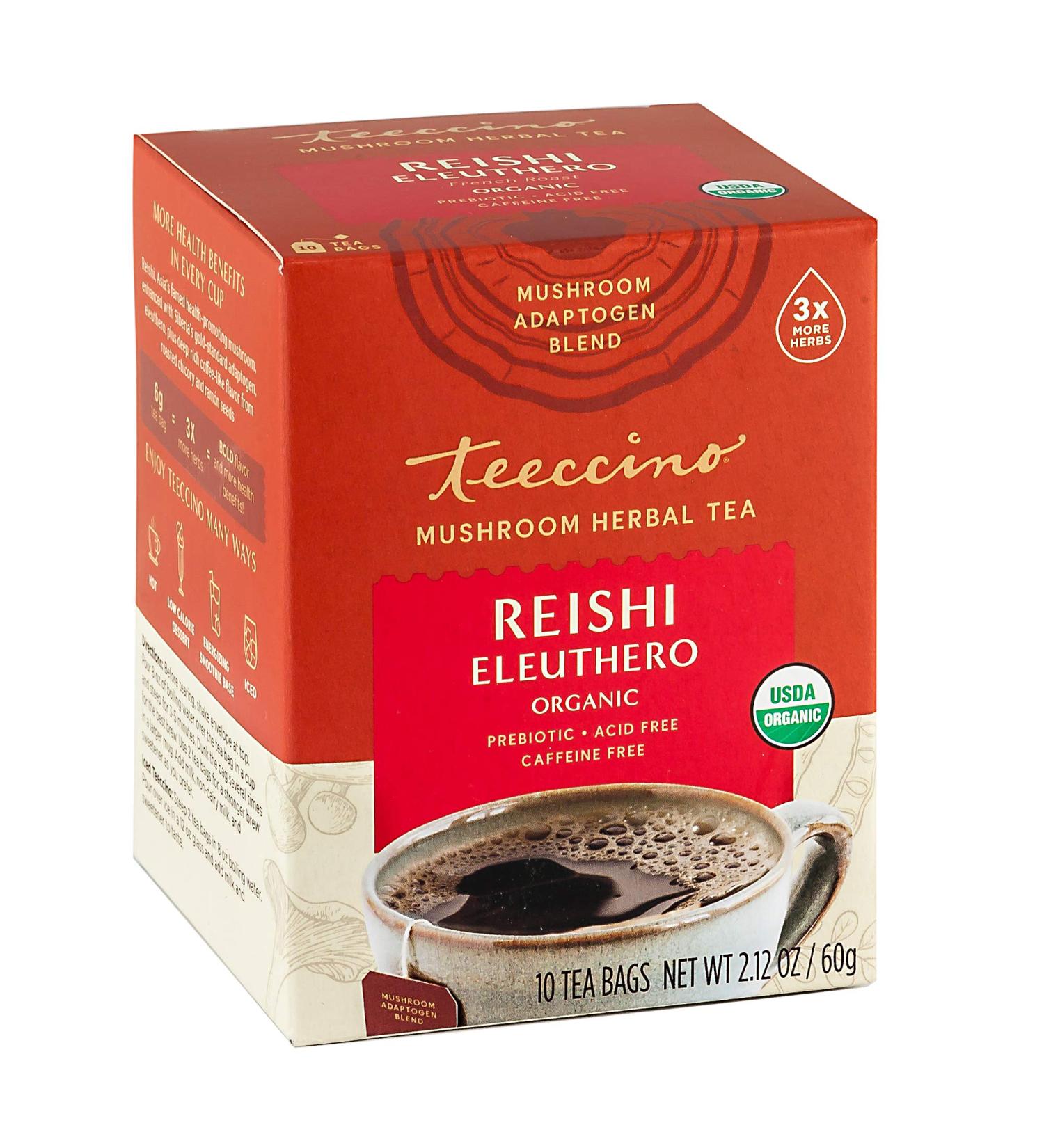 Teeccino Organic Reishi Eleuthero Mushroom Herbal Tea - Caffeine Free, 10 Bags (60g) - Buy Online on GoSupps.com