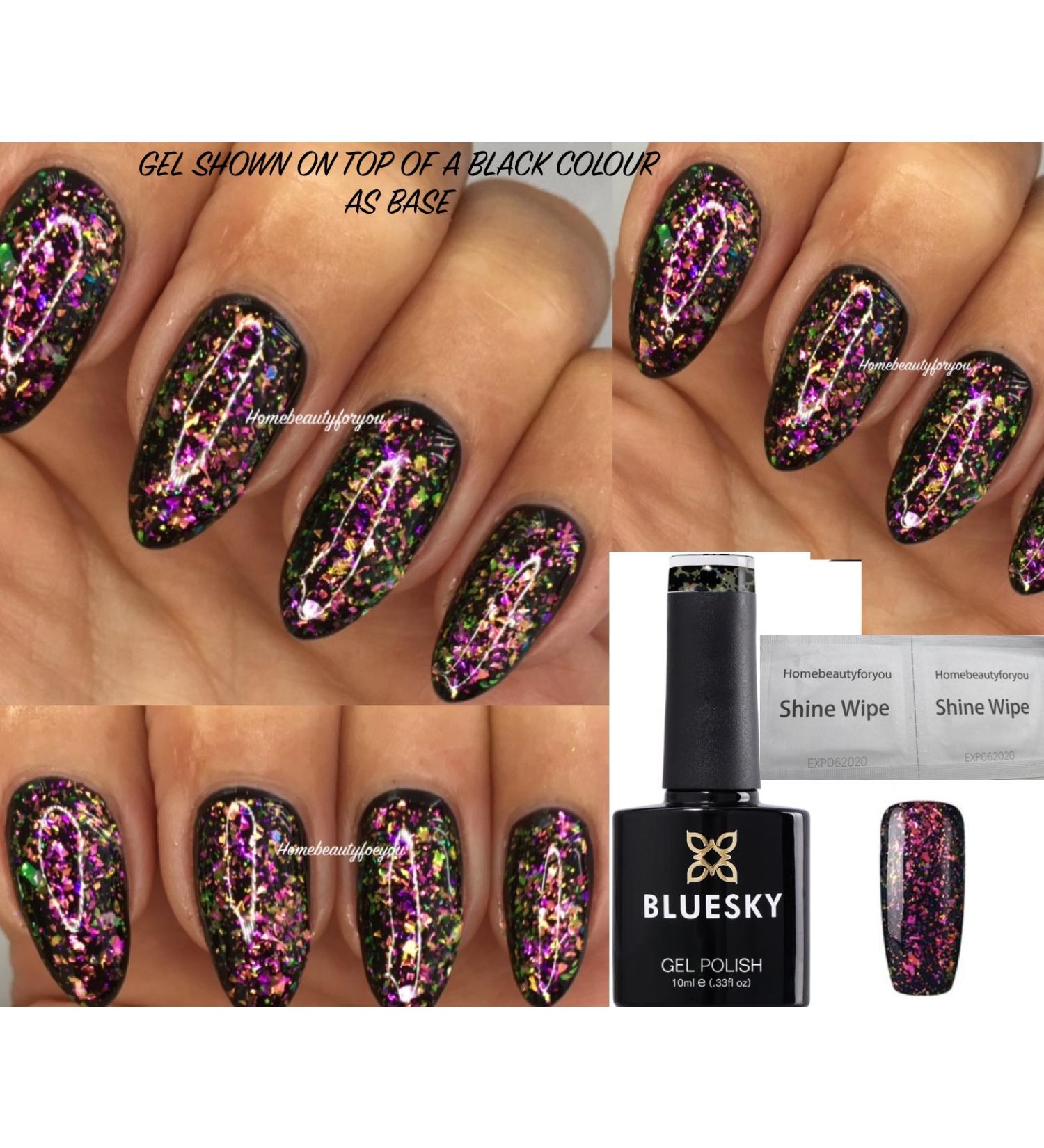 Bluesky NAIL GEL POLISH Galaxy 02 Chameleon Flakes UV LED Soak Off 10ml Please Note Clear Gel with Chameleon Flakes Black Gel Used as the first coat for the Effect in the Picture - Buy Online on GoSupps.com