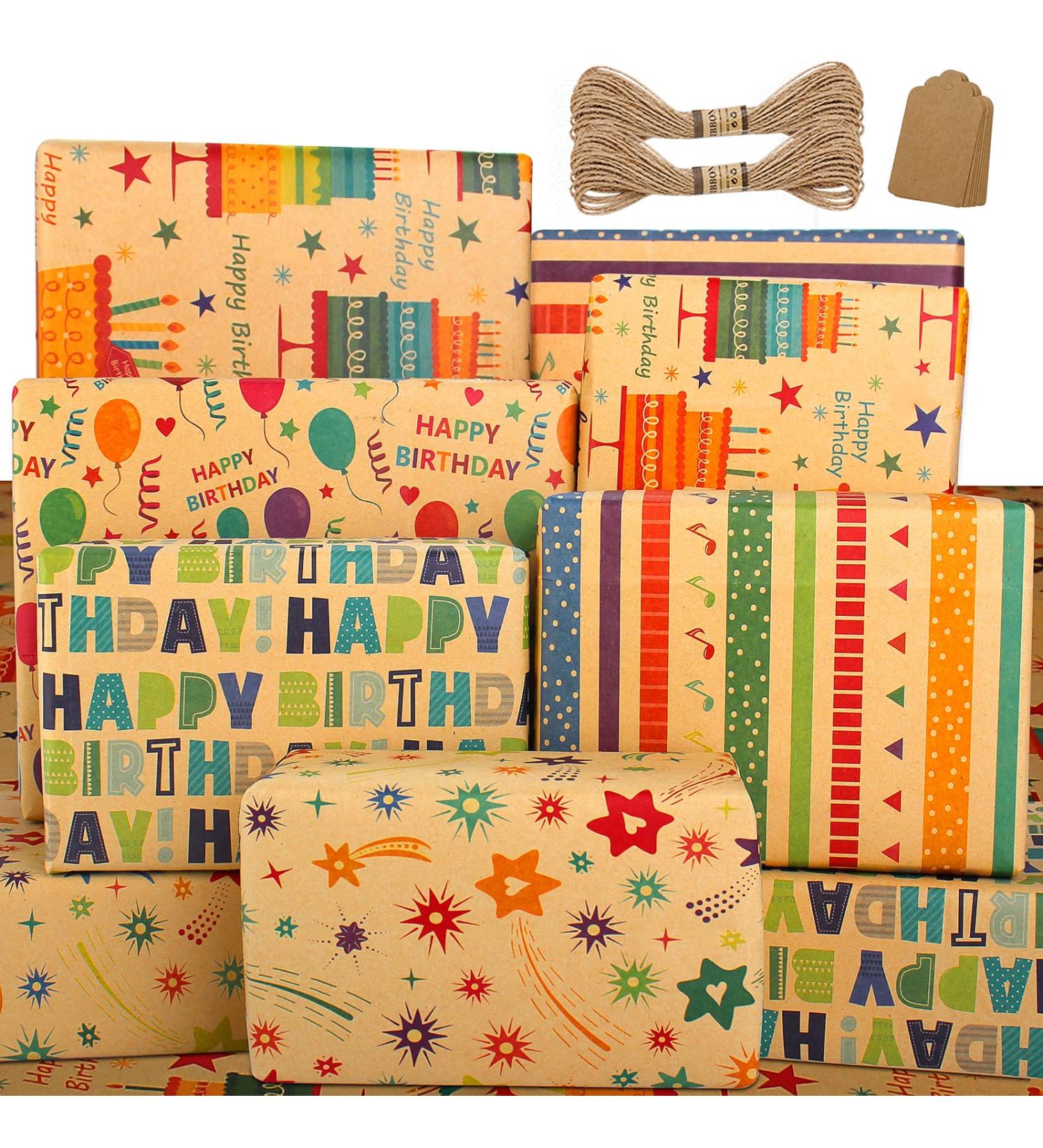 Wrapping Paper Sheets-Birthday Wrapping Paper for Women Men Girls Boys Female Male-Kraft Recycled Gift Wrapping Paper Set Birthday Gift Wrap Paper and Tags and String for Present Wrapping Paper-Eco Wrapping Paper Birthday Paper Wrapping Birthday Wrap Pape - Buy Online on GoSupps.com