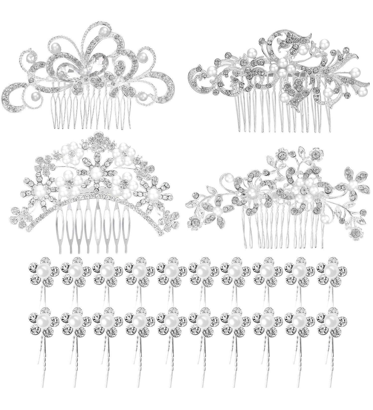 24-Piece Wedding Bridal Hair Combs and U-Shaped Pearl Hair Pins Set - Crystal, Pearl, and Rhinestone Hair Accessories for Brides and Bridesmaids - Buy Online on GoSupps.com