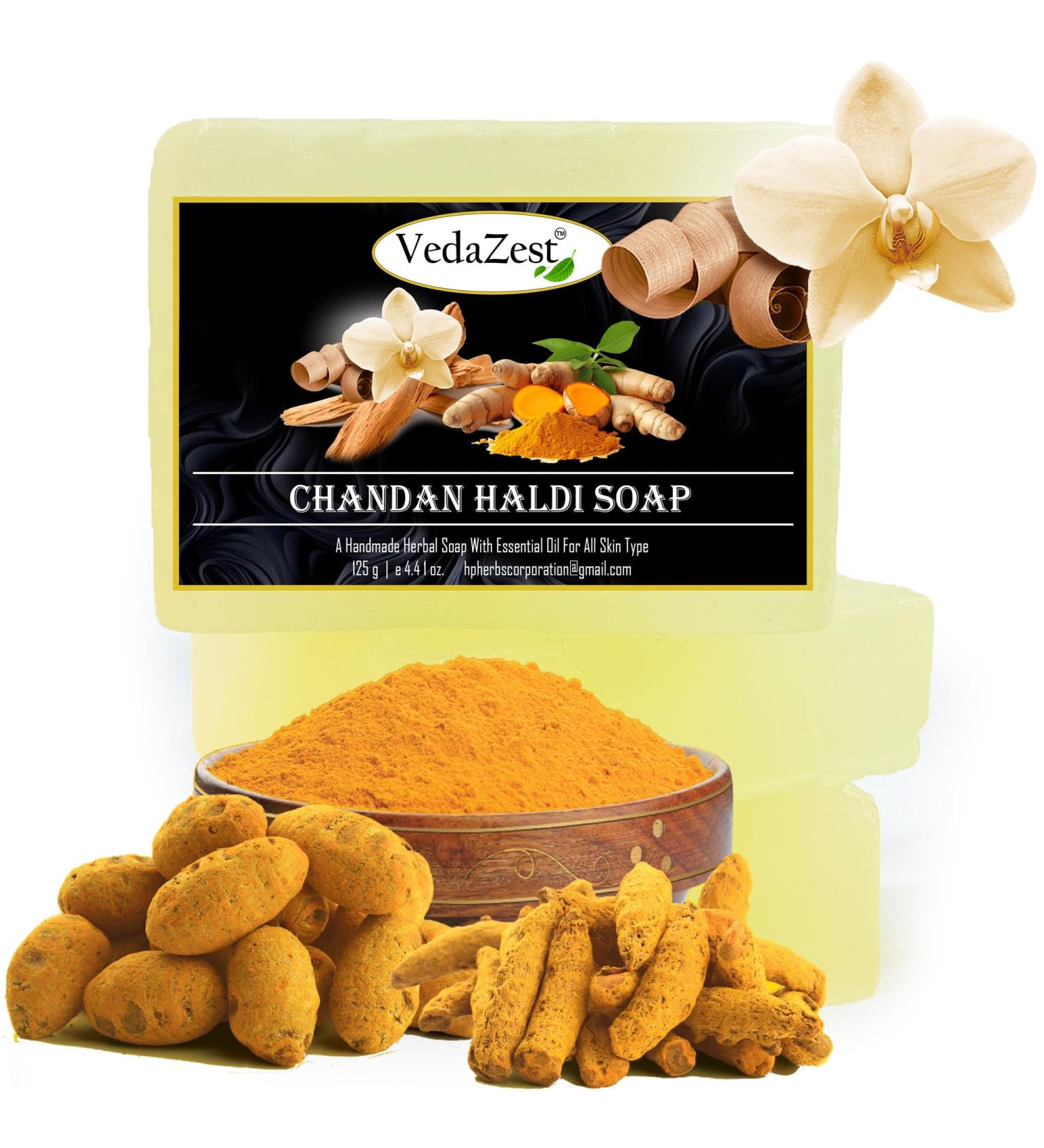 Chandan Haldi Handmade Soap Bar - 125g Sandalwood Turmeric Herbal Bathing Bar Set of 3 | Natural Essential Oils for Healthy Skin | All Skin Types - Buy Online on GoSupps.com