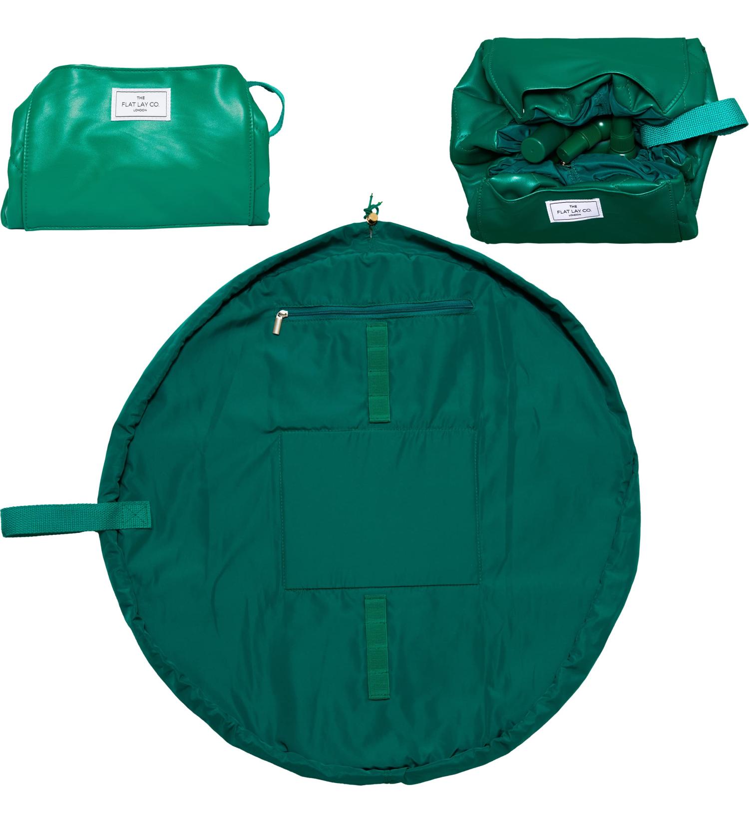 Full-Size Flat Lay Makeup Bag with Compartments - Bottle Green Leather Monochrome - Buy Online on GoSupps.com