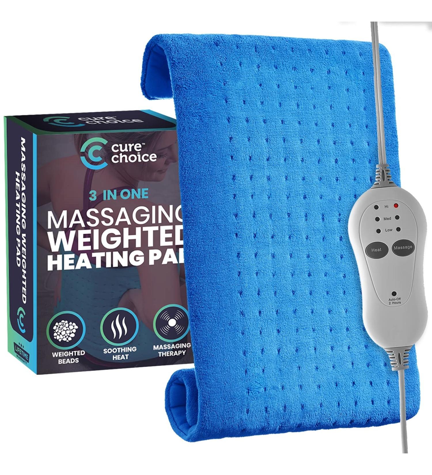 Cure Choice 3-in-1 Weighted Heating Pad with Massager - 12x24 Large Electric Heat Pad for Back Pain Relief, Cramps - 3 Heat & 3 Massage Settings - Ultra Soft Heat Pad (Blue) - Buy Online on GoSupps.com