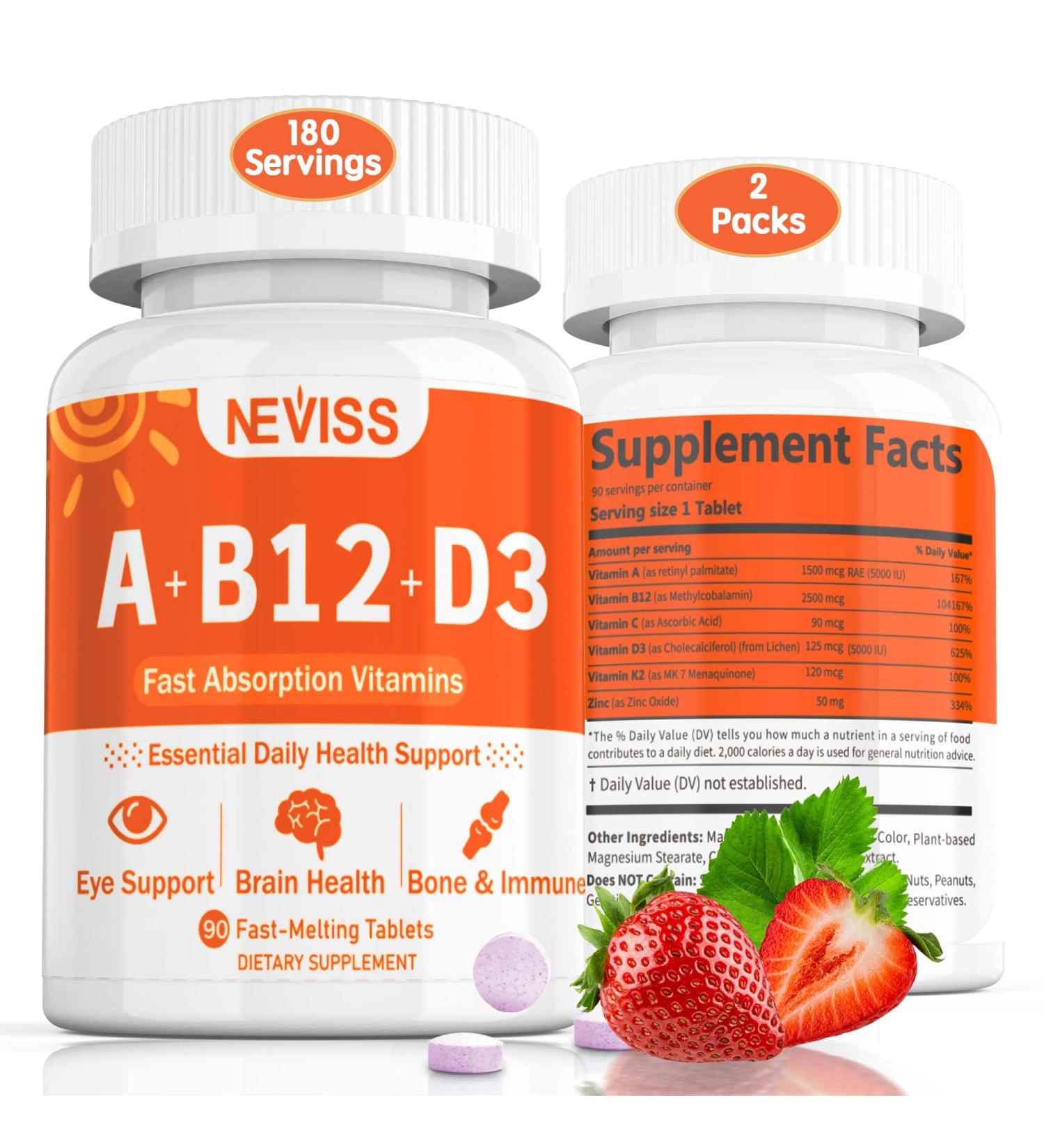Vitamin ADK+B12 - 5000 IU Vitamin A D3, 2500mcg Methyl B12 Sublingual - Vegan K2 D3 ADK Supplement with Zinc 50mg - Fast Dissolve Tablets for Overall Health Support - 180 Servings - Buy Online on GoSupps.com