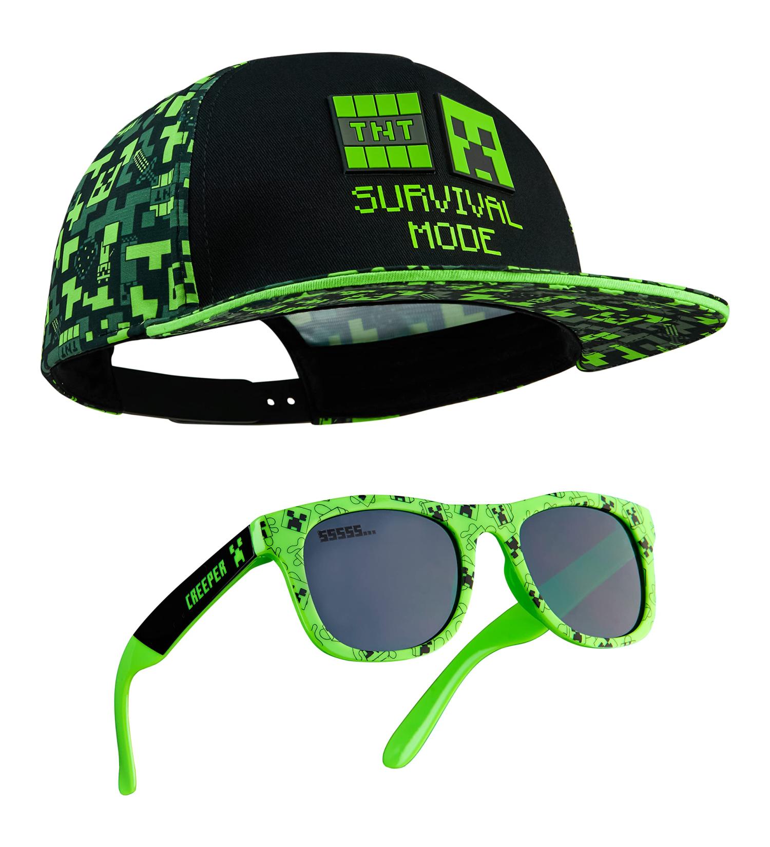 Minecraft Baseball Cap Set for Kids - 2 Snapback Caps & Sunglasses | Boys Sun Protection Black/Green Official Merchandise - Buy Online on GoSupps.com