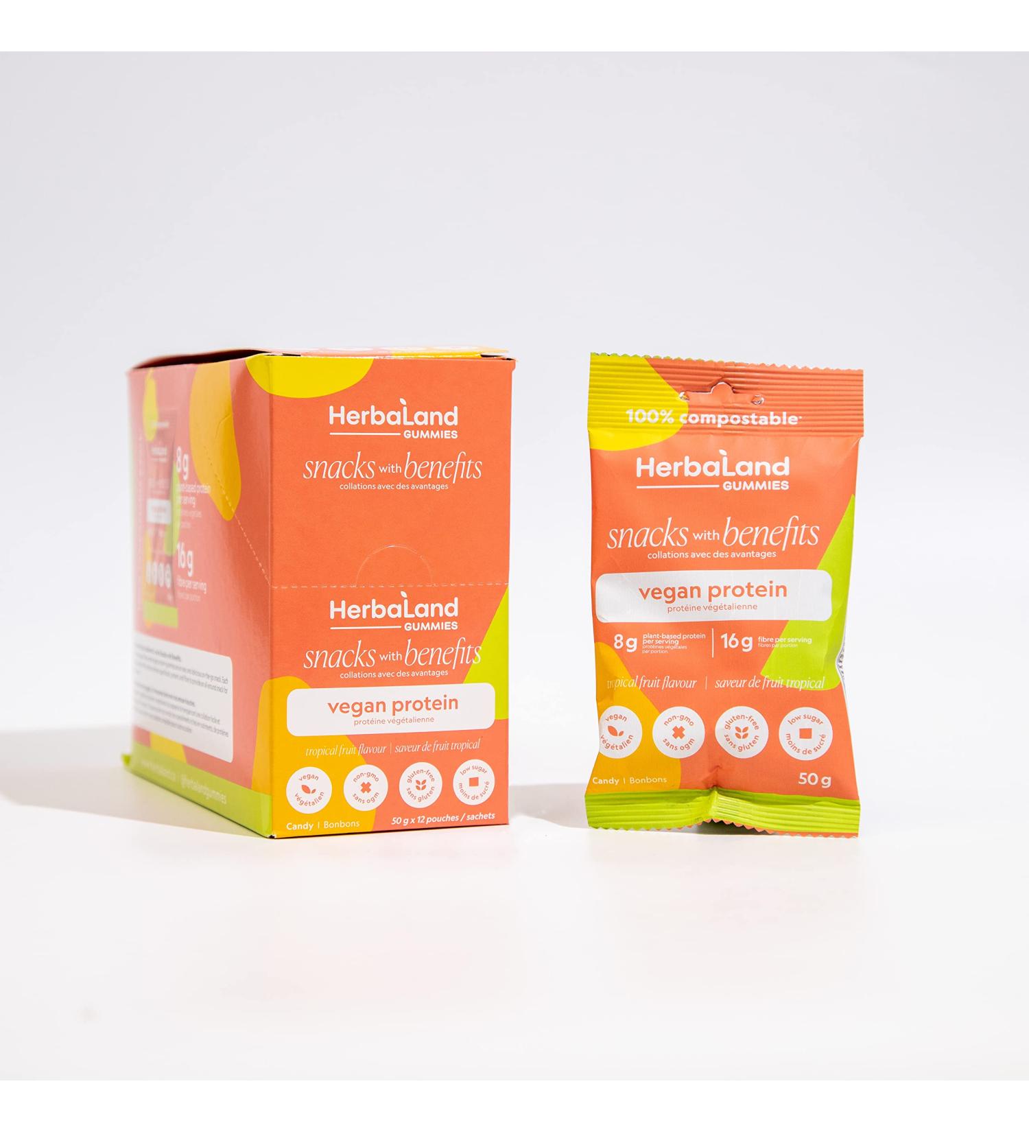 Herbaland Tropical Fruit Protein Gummies Snacks with Benefits Vegan Low-Sugar High-Fiber Gluten-Free 8g of Plant-Based Protein & 16g of Organic Tapioca Fiber Per Pouch Mango Papaya Flavor New Formula 12 x 50g (Box of 12) Compostable Pouch - Buy Online on GoSupps.com