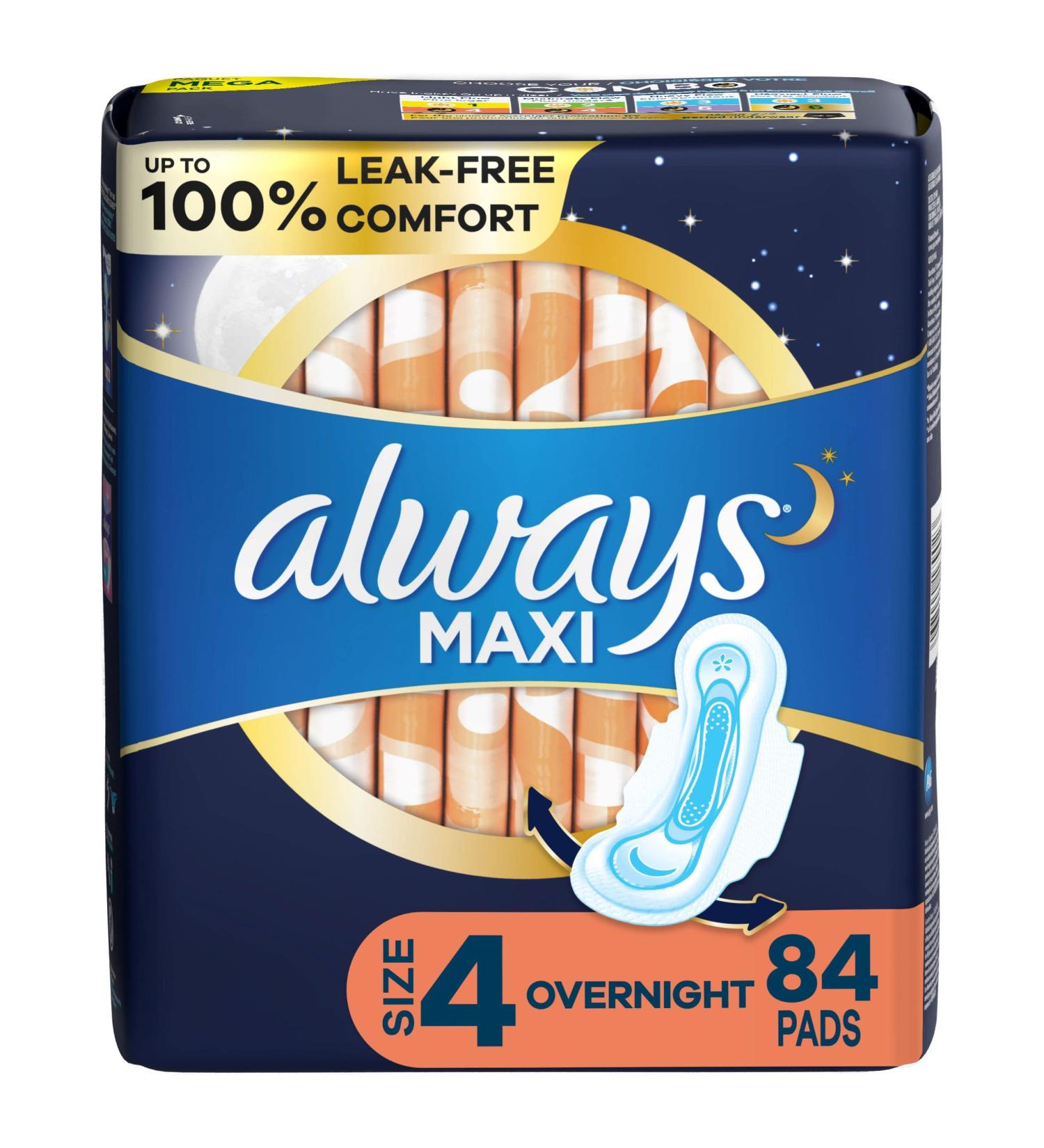 Always Maxi Overnight Pads with Wings Size 4 - 84 Count, Unscented - Buy Online on GoSupps.com