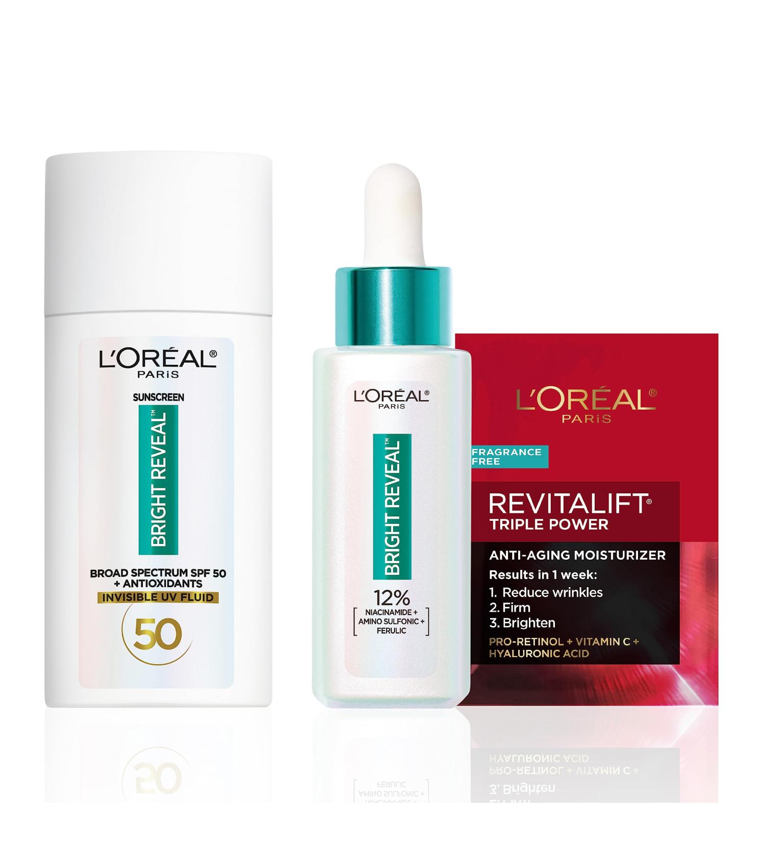 L'Oreal Paris Bright Reveal Niacinamide Dark Spot Serum + Broad-Spectrum SPF 50 Daily UV Lotion + Moisturizer Samples Face Serum + Daily SPF + Moisturizer Samples - Buy Online on GoSupps.com