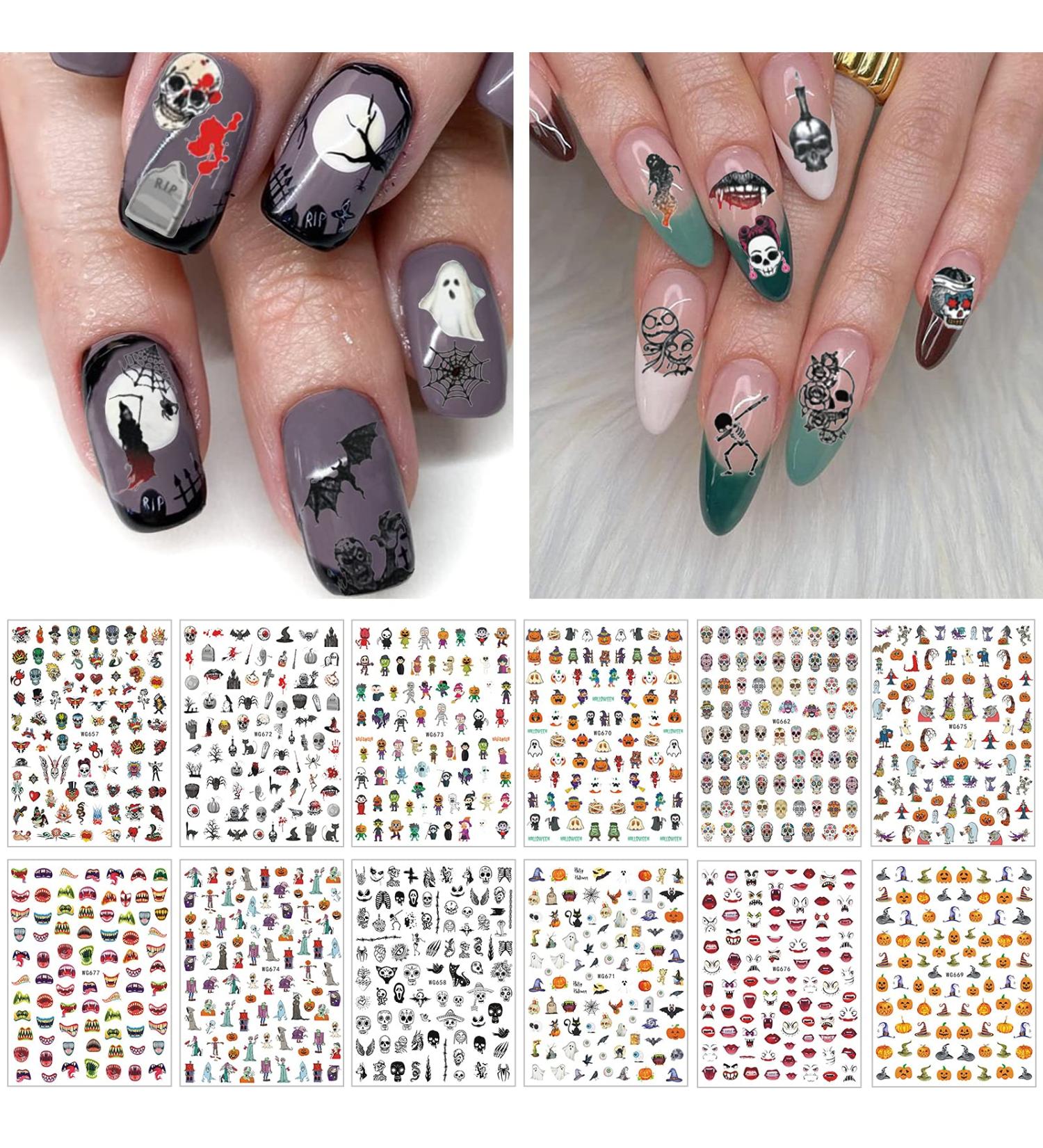 12 Sheets Halloween Nail Stickers EBANKU 3D Halloween Self-Adhesive Pumpkin Skull Ghost Bat Grave Nail Decals DIY Nail Decorations for Halloween Party - Buy Online on GoSupps.com